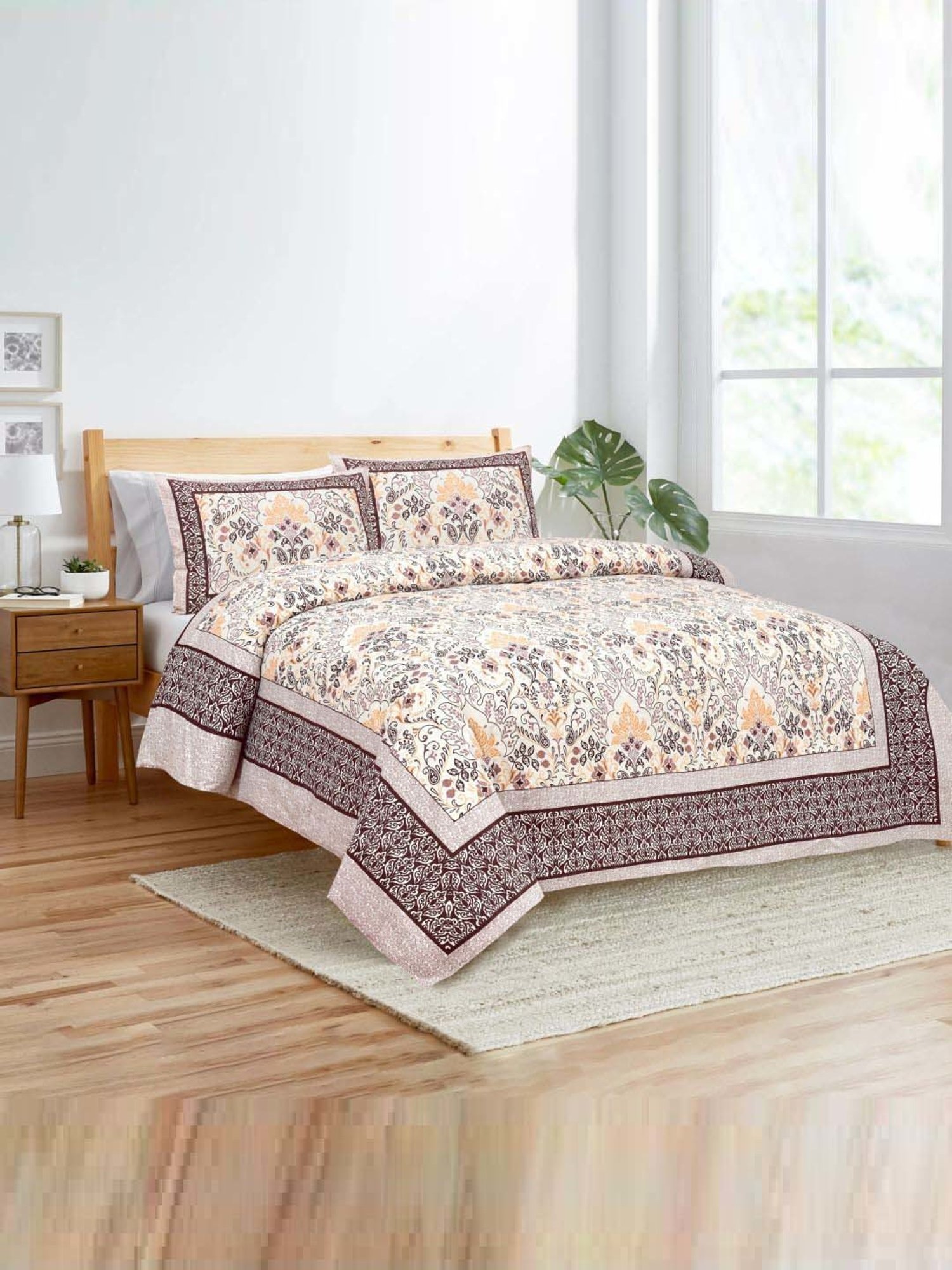 JaipurFabric Taupe 180 TC 100% Cotton Floral Double Bedsheet with 2 Pillow Covers