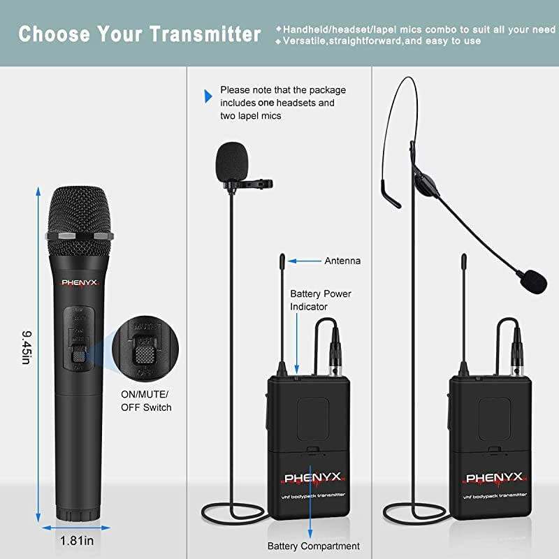 Wireless Microphone System,  4-Channel VHF Wireless Microphone Set with 2 Handhelds/2 Bodypacks/2 Lapels/ 2 Headset, Metal Receiver, Ideal for Church, Meeting, Conference(PTV-2000B)