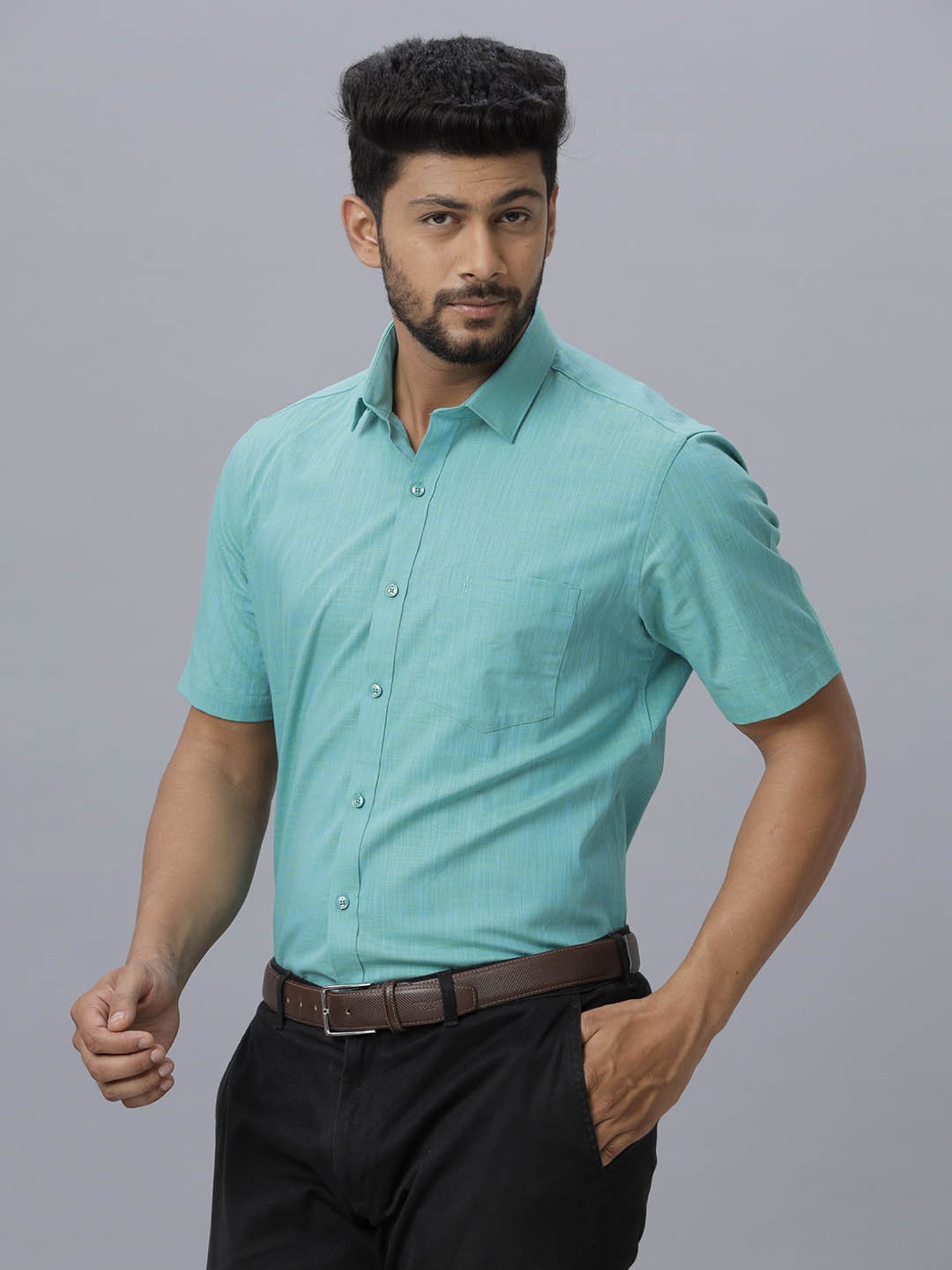 Ramraj Sea Green Cotton Regular Fit Shirt