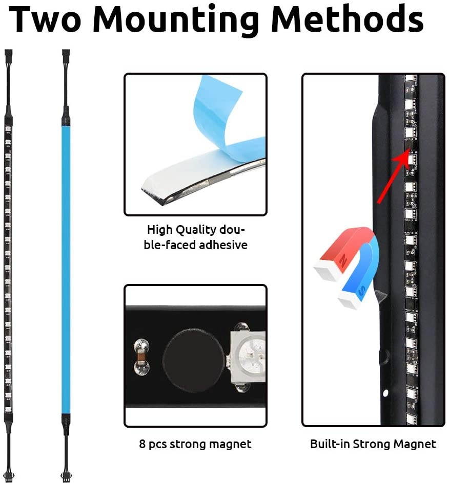 PC Addressable RGB LED Strip Lights Kit - Magnetic Rainbow PC Case Lighting 2PCS 42LEDs ARGB Strip for 5V 3pin RGB Header Motherboard Asus Aura Asrock RGB Led Gigabyte RGB Fusion MSI Mystic Light