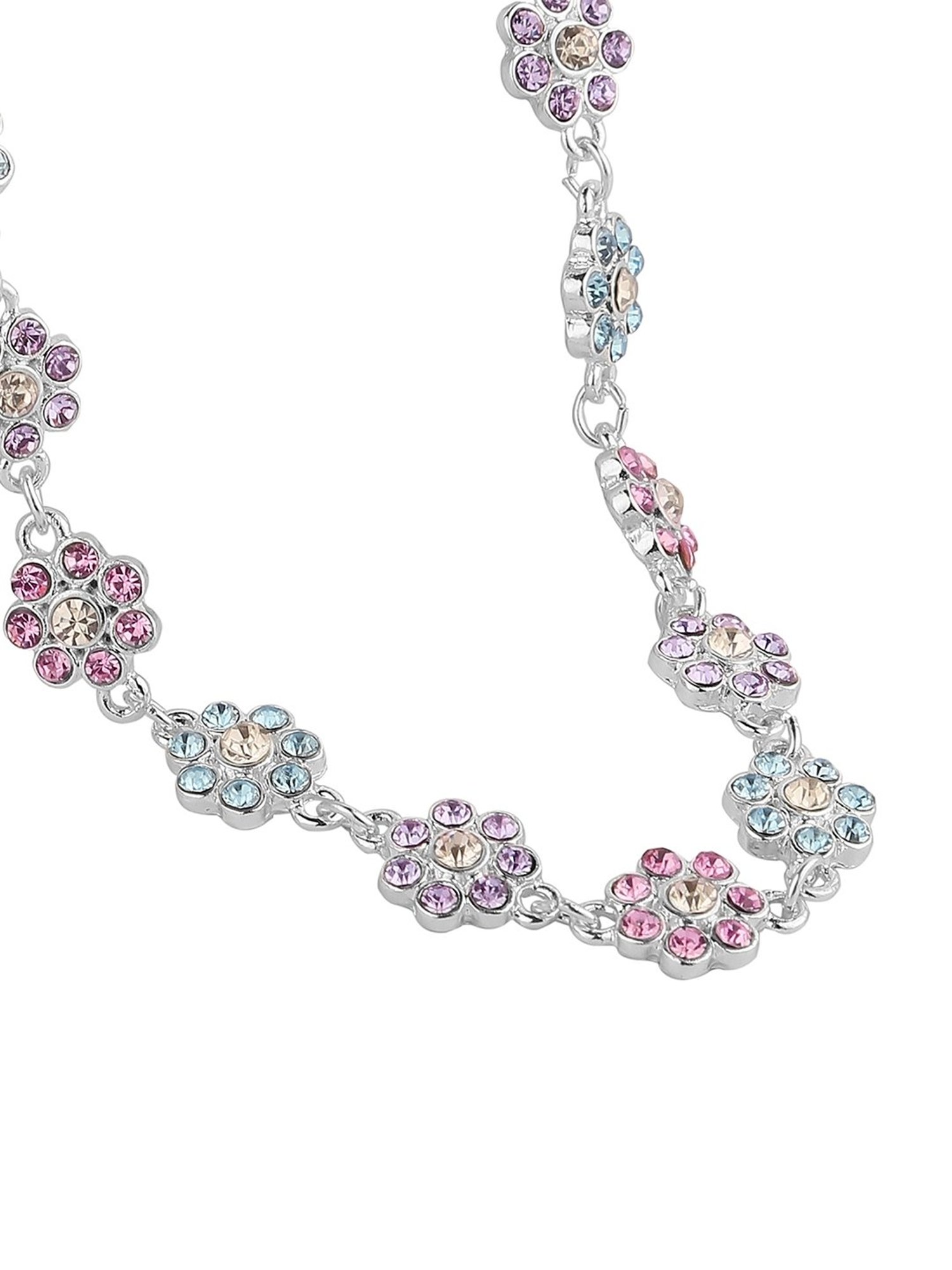 Lilly & Sparkle Statement Silver Multi-Stoned Flower Choker Necklace