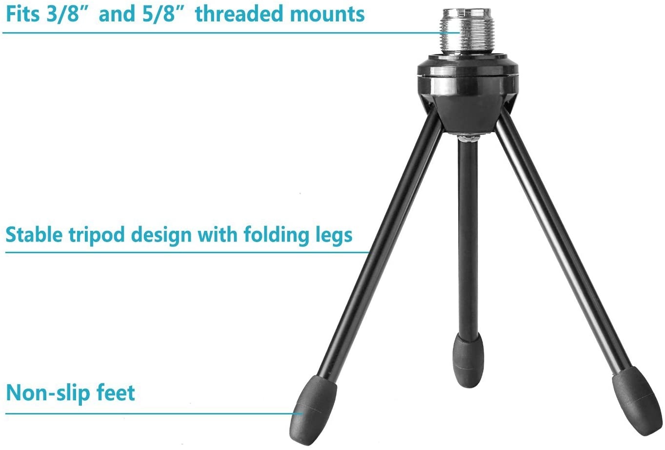 Desktop Desk Microphone Stand Foldable Tripod with Non-slip Feet, Durable Iron Construction, 3/8-inch and 5/8-inch Threaded Mount, Black