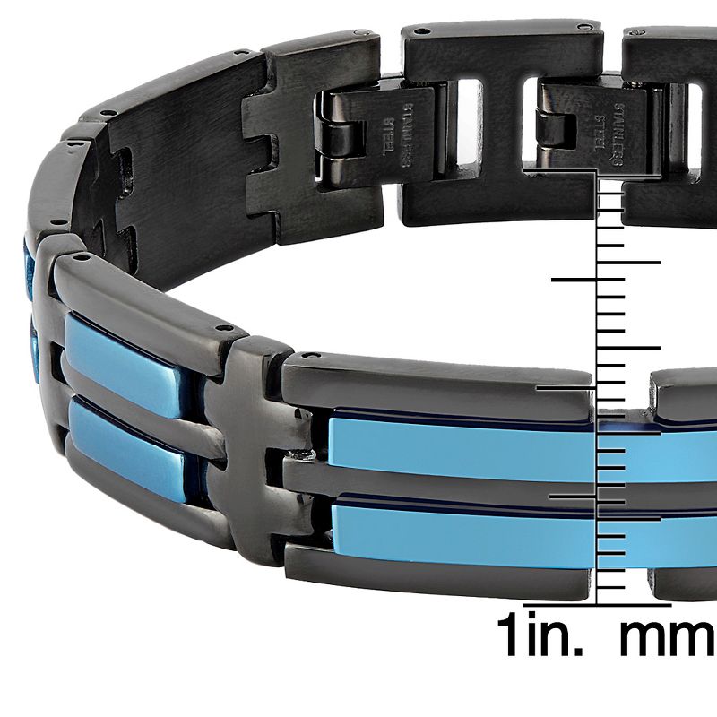 Men's Crucible Black Plated Two-Tone Stainless Steel Blue Striped ID Link Bracelet (14mm) - Black/Blue (8.25")