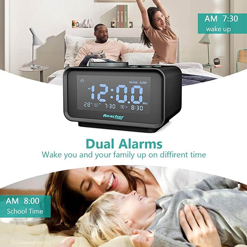 Digital Alarm Clock Radio with Manual Tuning, All Functions Battery Backup, 0-100% Dimmer, 2 USB Charging Ports, Temperature, Dual Alarm with Snooze and 6 Wake Up Natural Sounds for Bedrooms