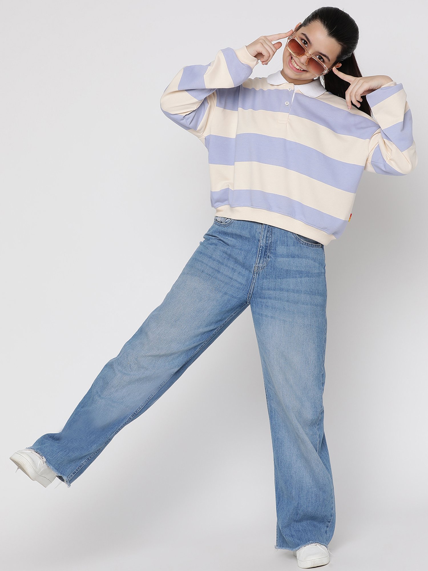 Lil Tomatoes Kids Blue & Cream Striped Full Sleeves Sweatshirt