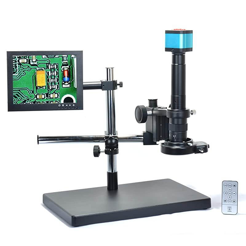 14MP HDMI HD USB Digital Industry Video Microscope Camera Set+Big Boom Stand Universal Bracket +300X C-Mount Lens+144 LED Light + 8" inch HDMI LCD Monitor (300X Zoon Lens)