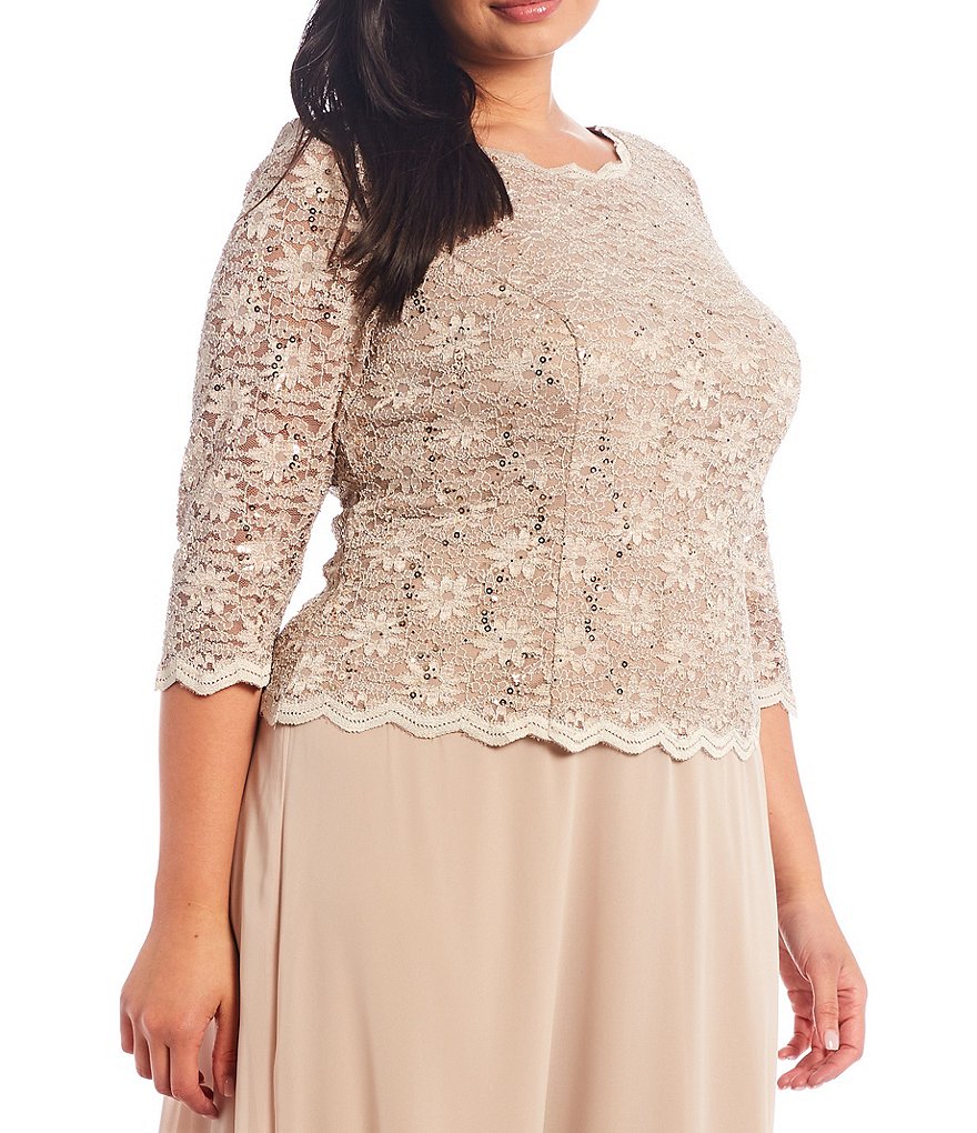 Alex Evenings Plus Size Boat Neck 3/4 Sleeve Sequin Lace Scalloped Hem Bodice Chiffon Skirted Dress