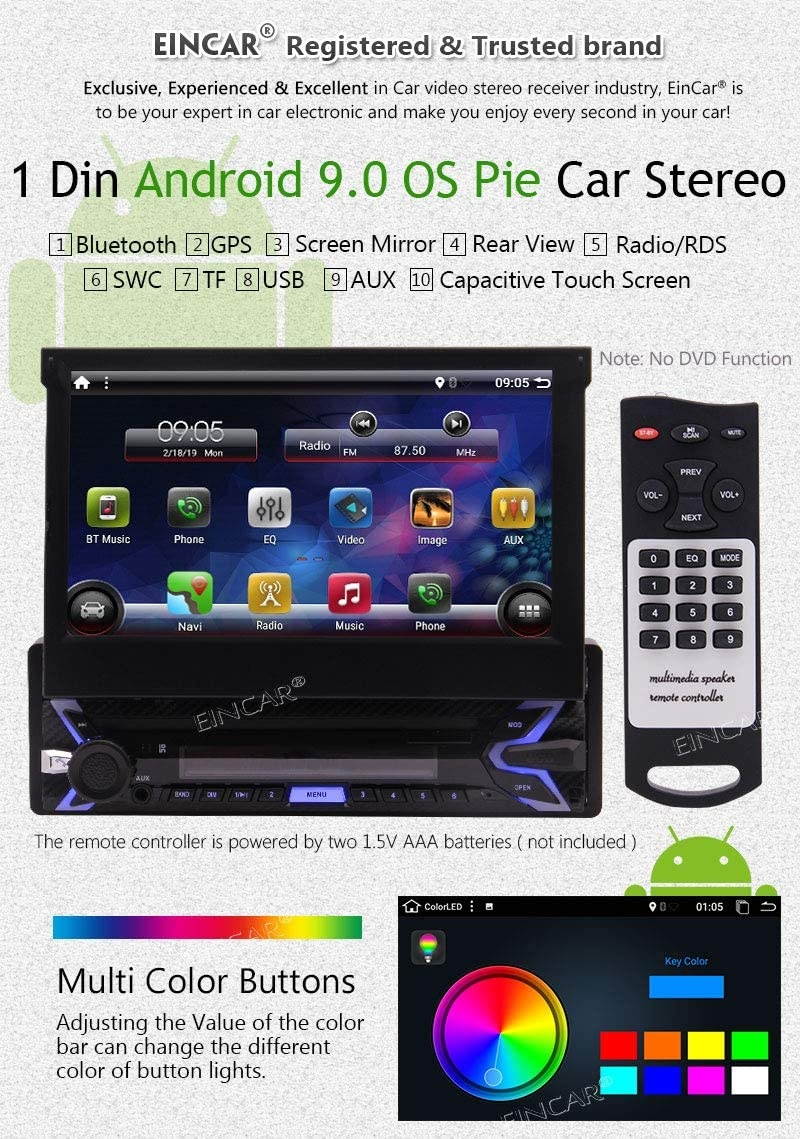 Single 1 Din Car Stereo 7 Inch Touch Screen Android 9.0 Car Radio Bluetooth GPS Navigation Head Unit Support WiFi/Mirror Link/USB/SD/AM/FM Receiver External MIC Remote with Wireless Backup Camera