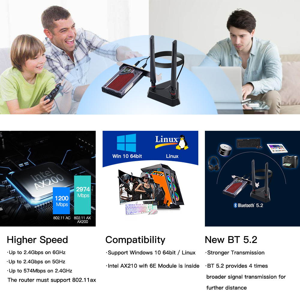 Plugadget Desktop Wi-Fi 6E AX210 PCIe WiFi Adapter 2.4Ghz/5G/6G Bluetooth 5.2 802.11ax Intel AX210NGW Wireless Wifi6 Card Windows 10