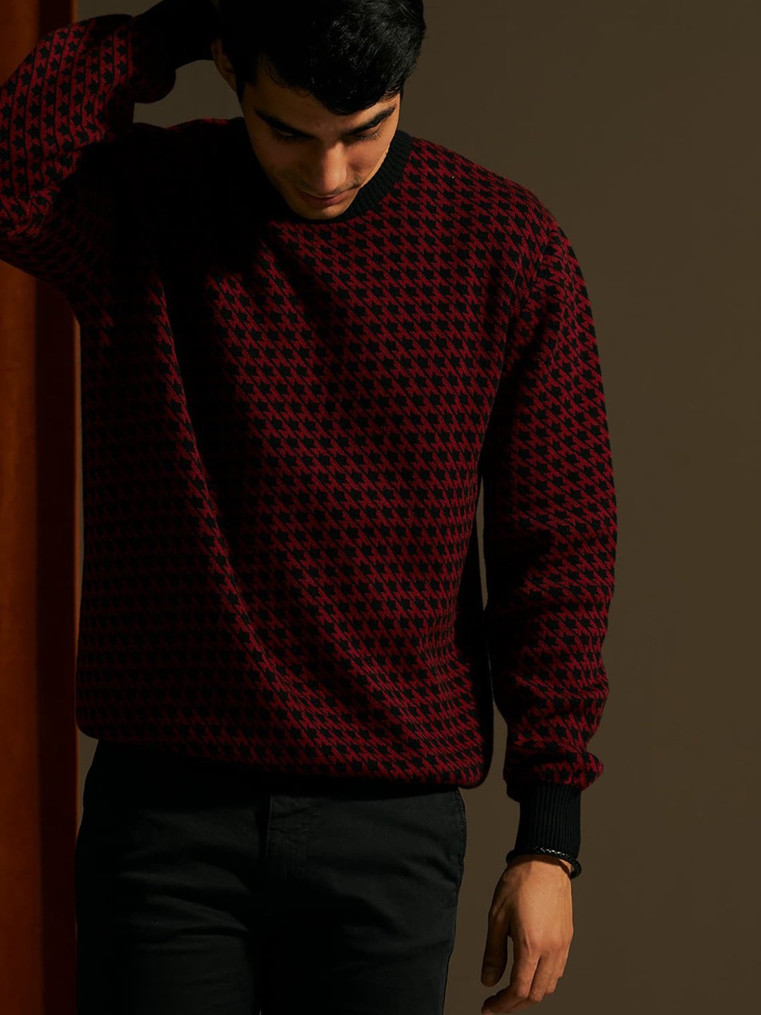 ANDAMEN Red Regular Fit Self Design Cotton Sweater