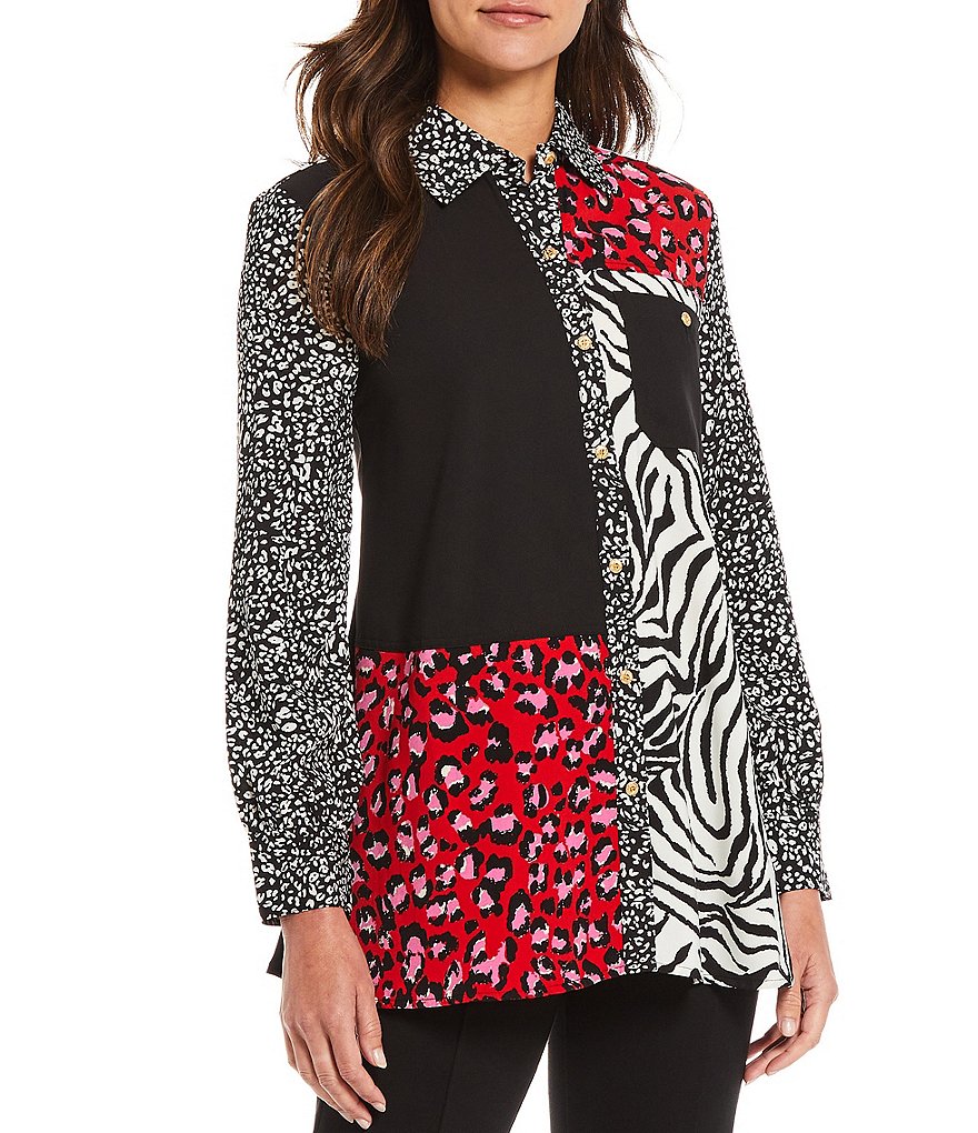 Calessa Petite Size Patchwork Animal Print Roll Tab Sleeve Button Front Shirt