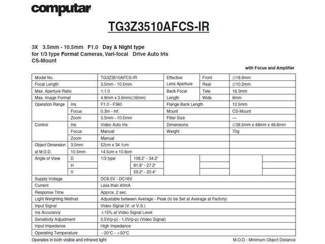 Computar Ganz High Quality CCTV Camera Lens TG3Z3510AFCS-IR 1/3" 3.5-10.5mm f1.0 Varifocal, Video Auto Iris (CS Mount) Day/Night IR