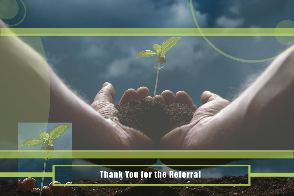 Thank You Greeting Cards - T7201. Business Greeting Card Featuring Hands Holding a Budding Plant and Referral Thank You Message. Box Set Has 25 Greeting Cards and 26 Bright White Envelopes.