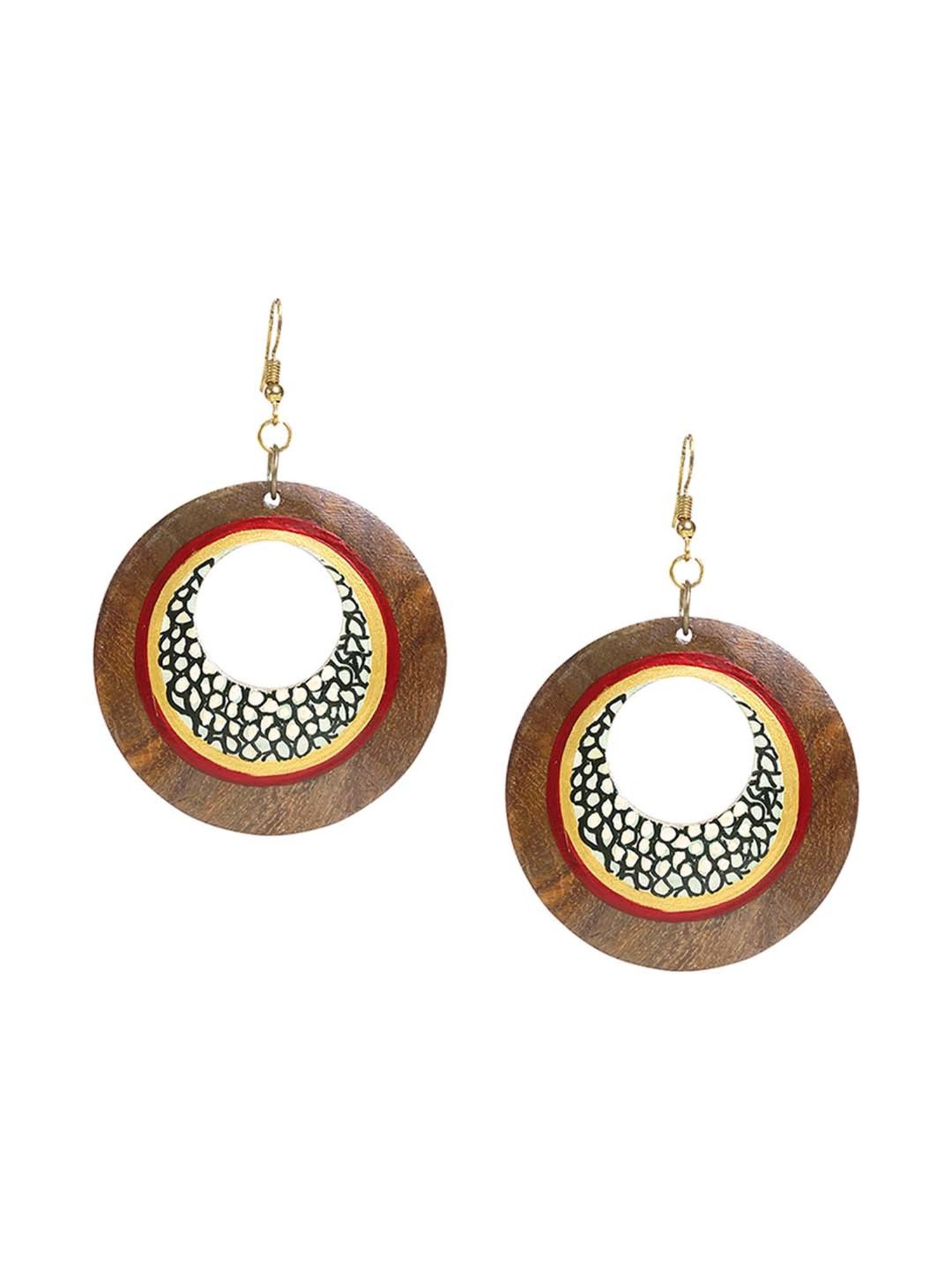 ExclusiveLane Handpainted Brown & Red Earrings in Mosaic Pattern (Sheesham Wood)