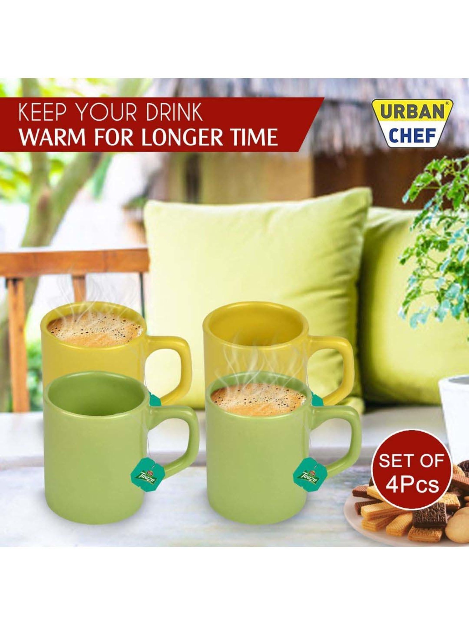 Urban Chef Parrot Green & Yellow Ceramic Droite Handcrafted Microwave Safe Cup - Set of 4