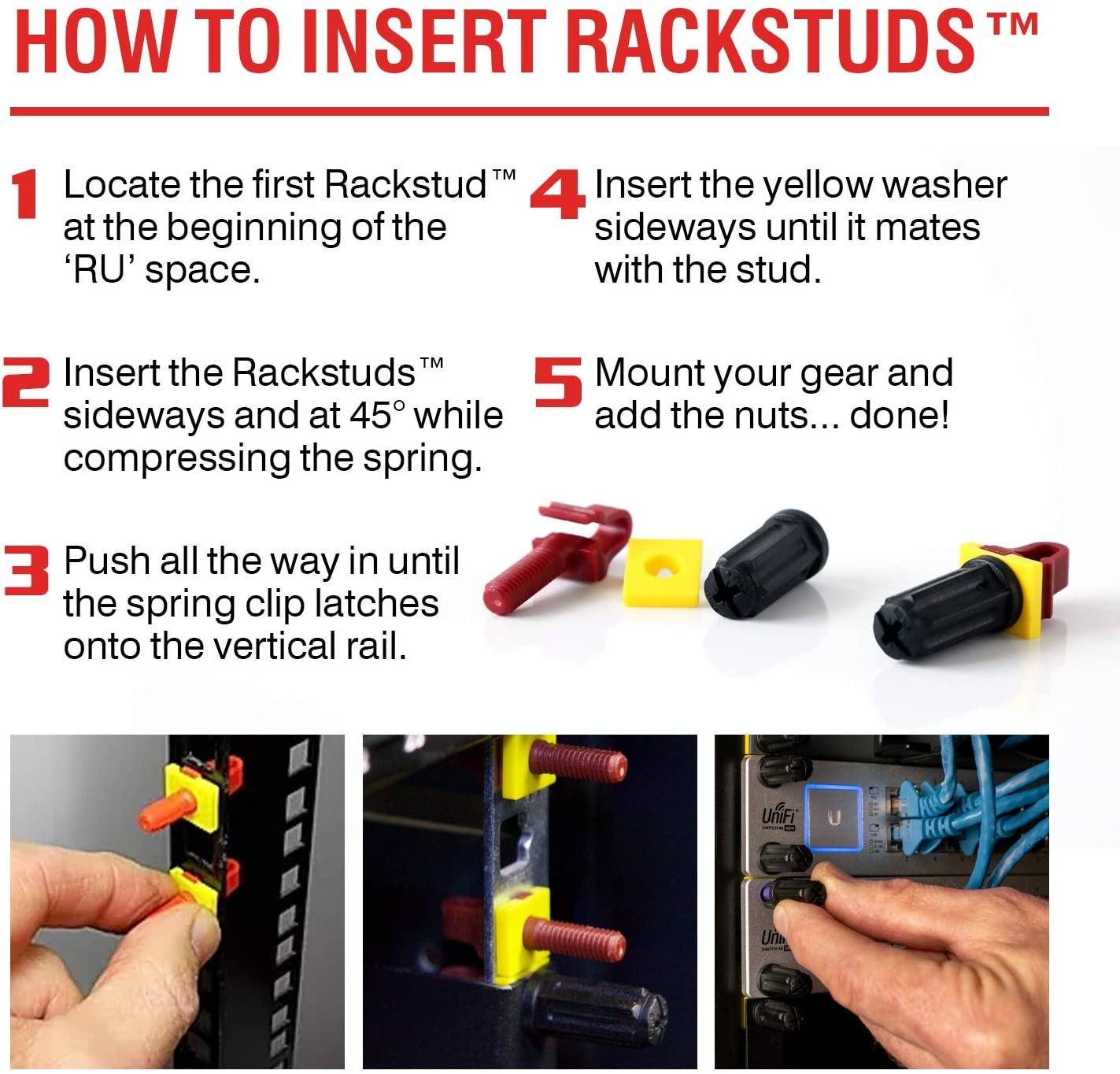 Rackstuds R100 Rack Mount Solution Series II &ndash; No More Cage Nuts! The Easiest and Safest Server Rack Solution in 19" Racks with Square Punched Vertical Rails | 100-pack, Red, 2.2mm/0.086" Version