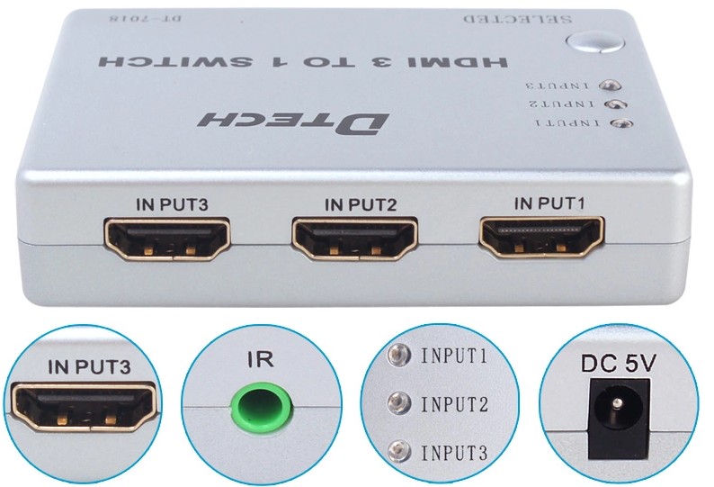 DTECH DT-7018 HDMI Switcher 3x1 Support 1080P, 3D With IR Remote Control for Laptop, HD-DVD, PS3, Xbox360 etc