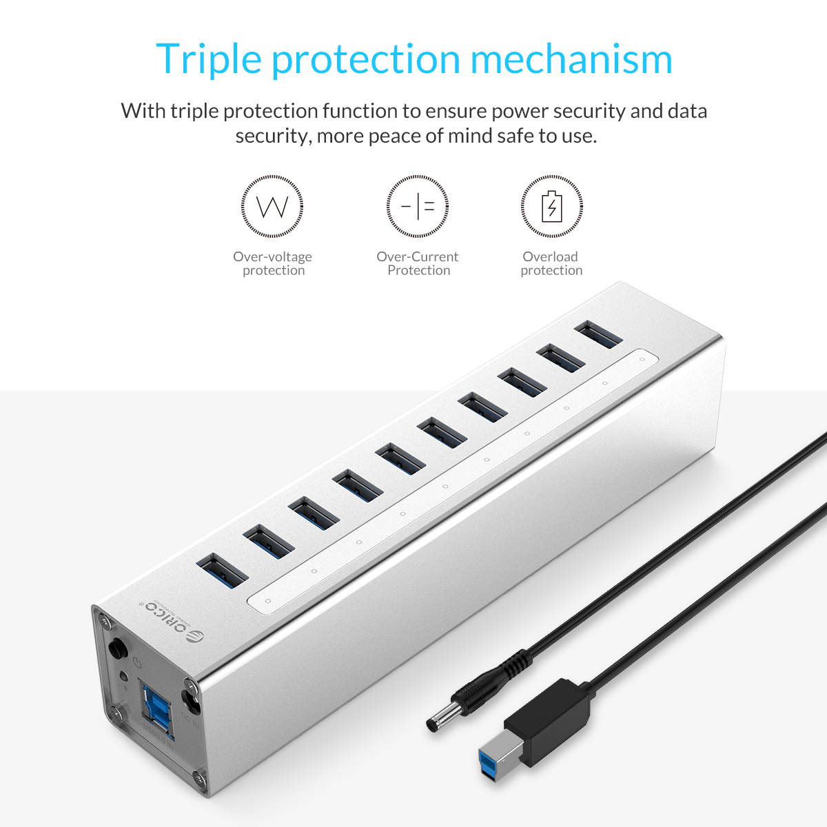 ORICO Aluminum 10Ports USB 3.0 HUB with 3.3Ft. USB 3.0 Data Cable and 12V/3A Power Supply for Macbook,PC,Laptops (HUB is not a Charger,Data transfer Only)- Silver (A3H10-V1-US)