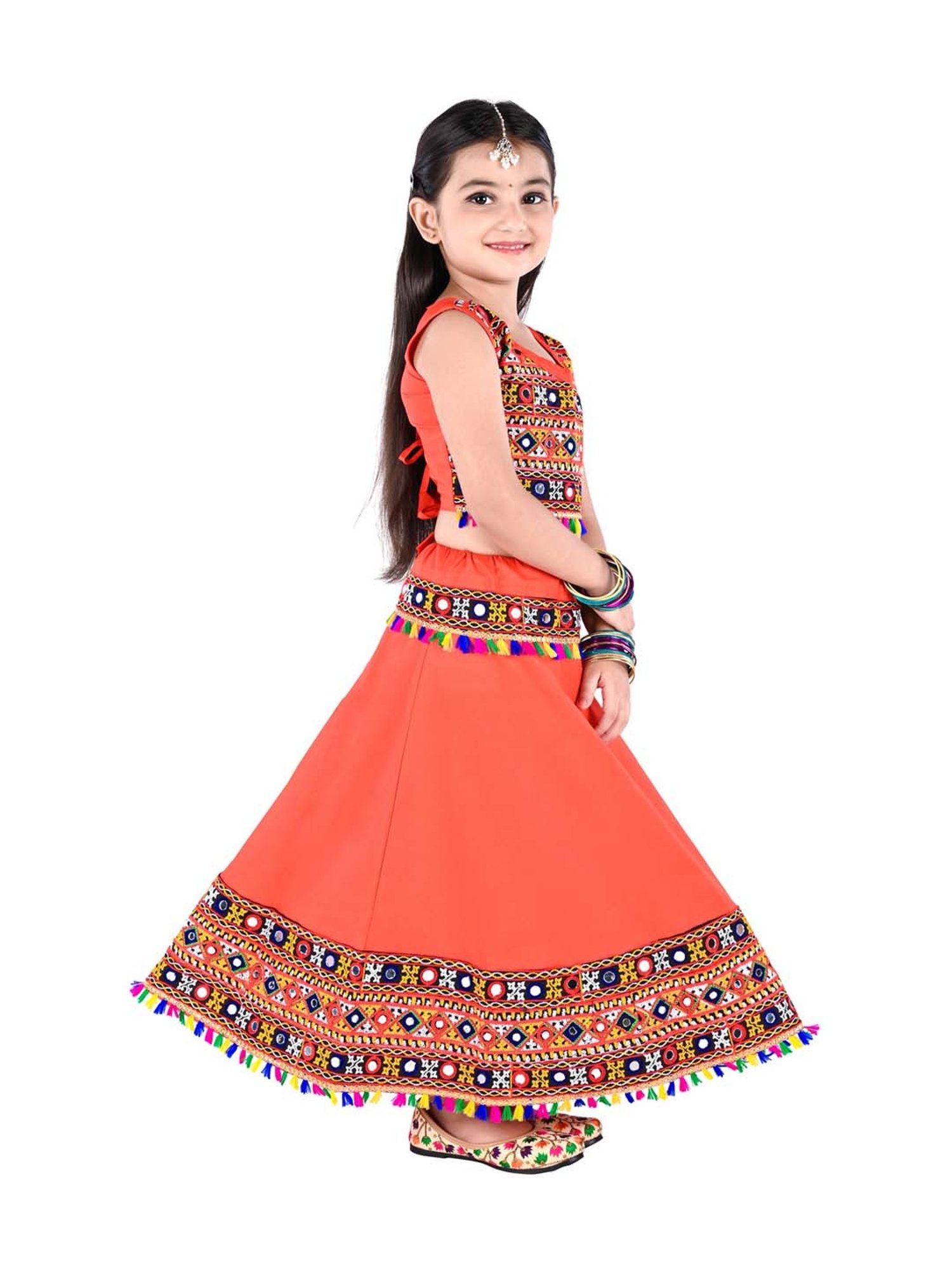 Ahhaaaa Kids Orange & Blue Cotton Embroidered Lehenga Cholis