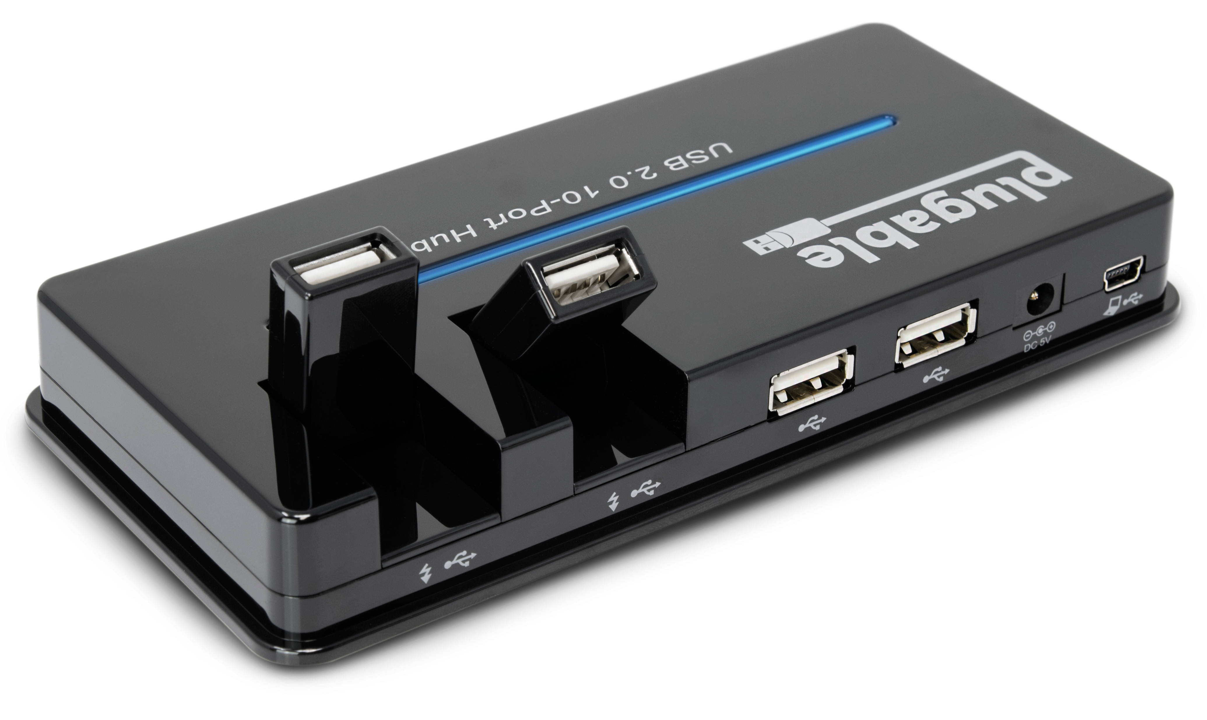 Plugable USB Hub, 10 Port - USB 2.0 with 20W Power Adapter and Two Flip-Up Ports