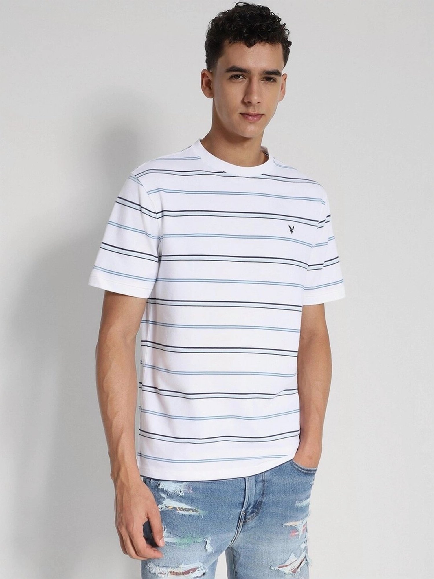 American Eagle White Cotton Regular Fit Striped T-Shirt
