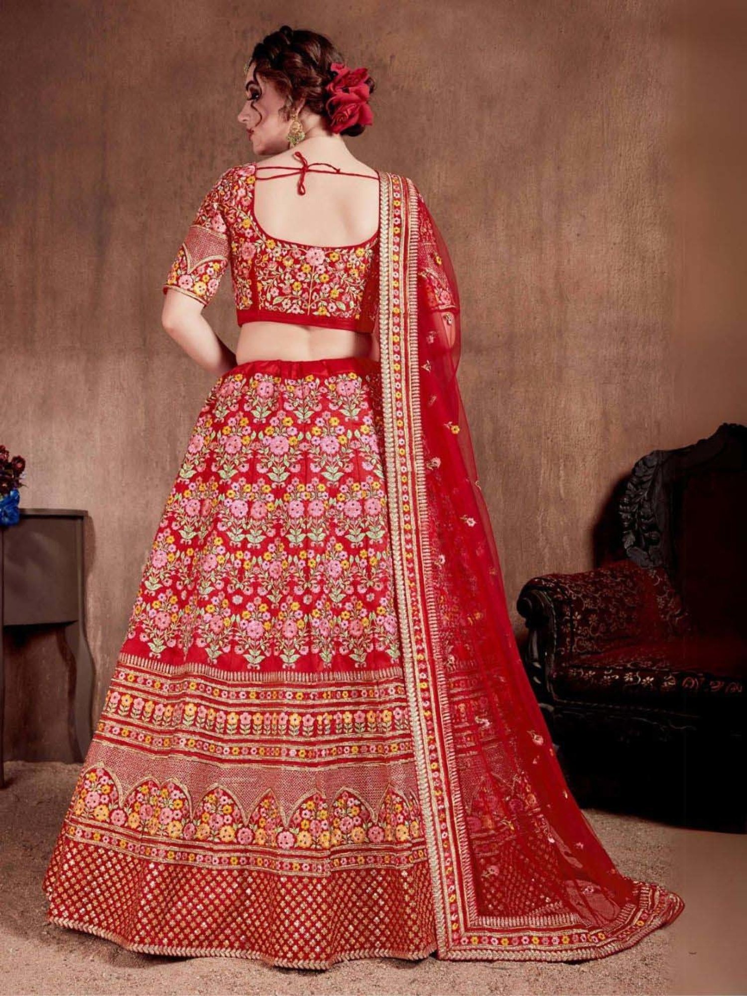 Odette Red Embroidered Lehenga Choli Set With 2 Pack of Dupatta