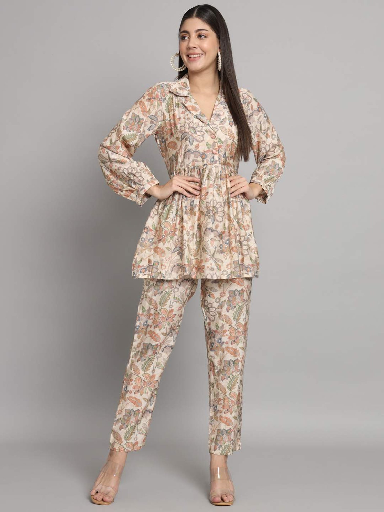 READIPRINT FASHIONS Beige Floral Print Top Pant Set