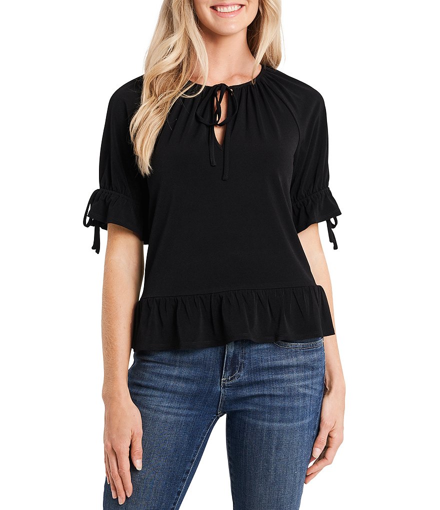 CeCe Short Sleeve Ruffled Keyhole Neck Knit Top