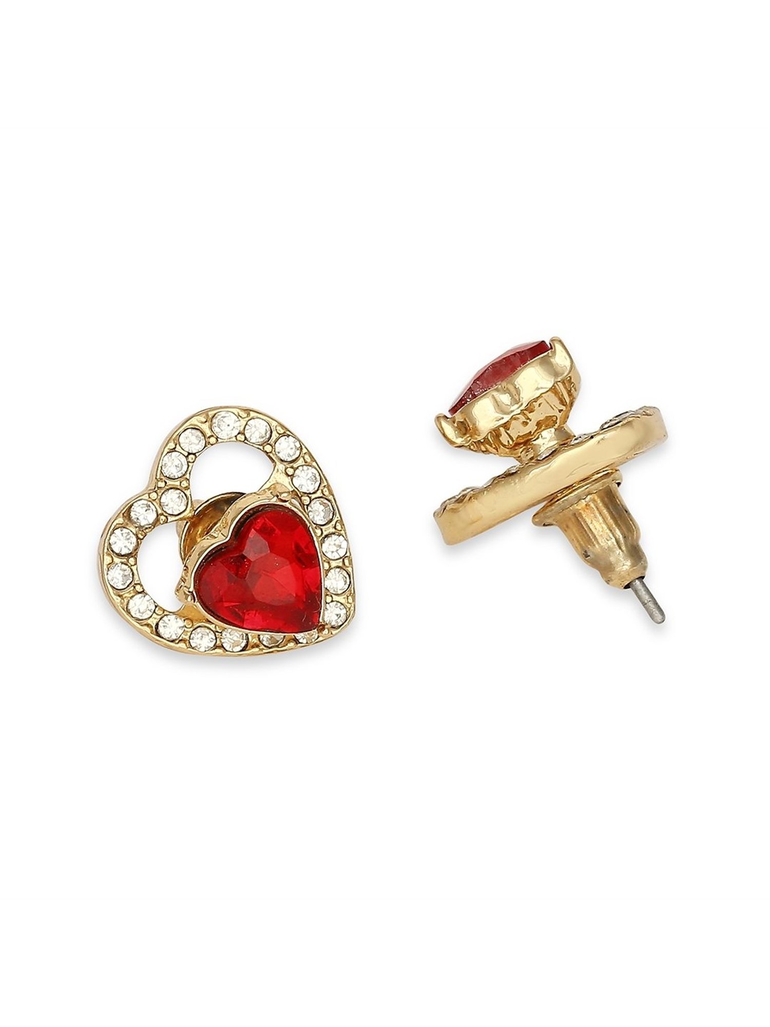 Lilly & Sparkle Gold-Toned Set of 3 Multi-Colored Stone Studded Heart Stud Earrings