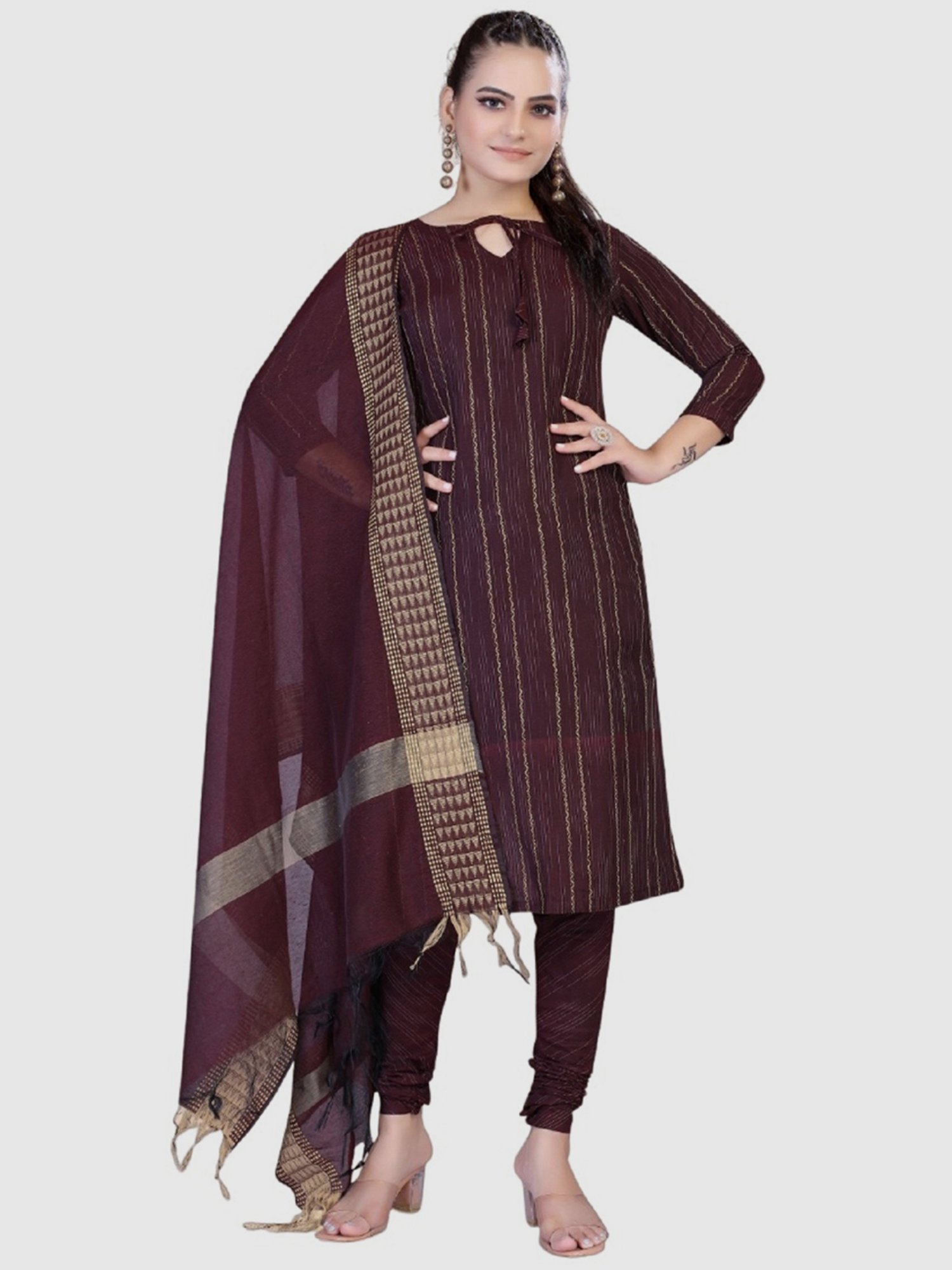 APNISHA Maroon Cotton Striped Unstitched Dress Material