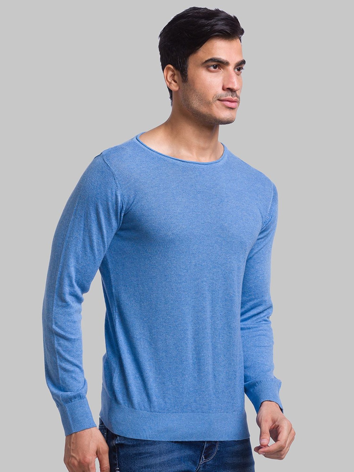 Parx Blue Cotton Regular Fit Sweater
