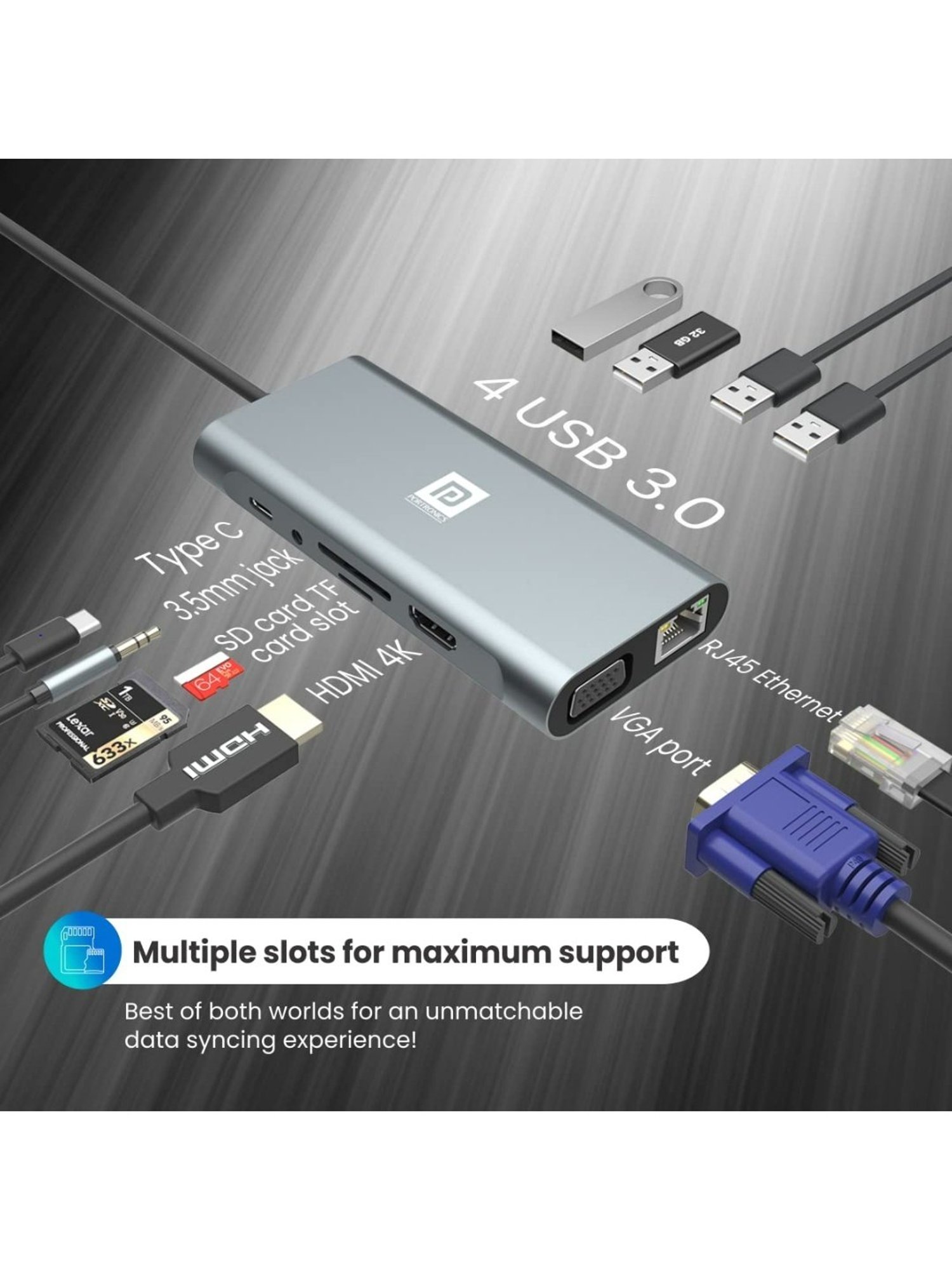 Portronics Mport 11C 11-In-1 Multiport USB Type C HUB with USB C PD Charging (Grey)