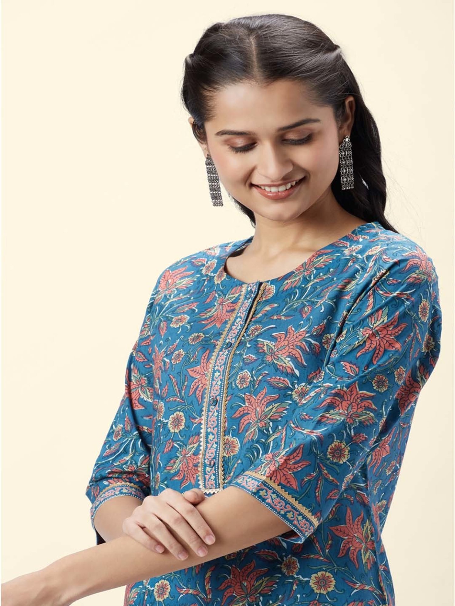 Rangmanch by Pantaloons Blue Cotton Floral Print Kurta Palazzo Set