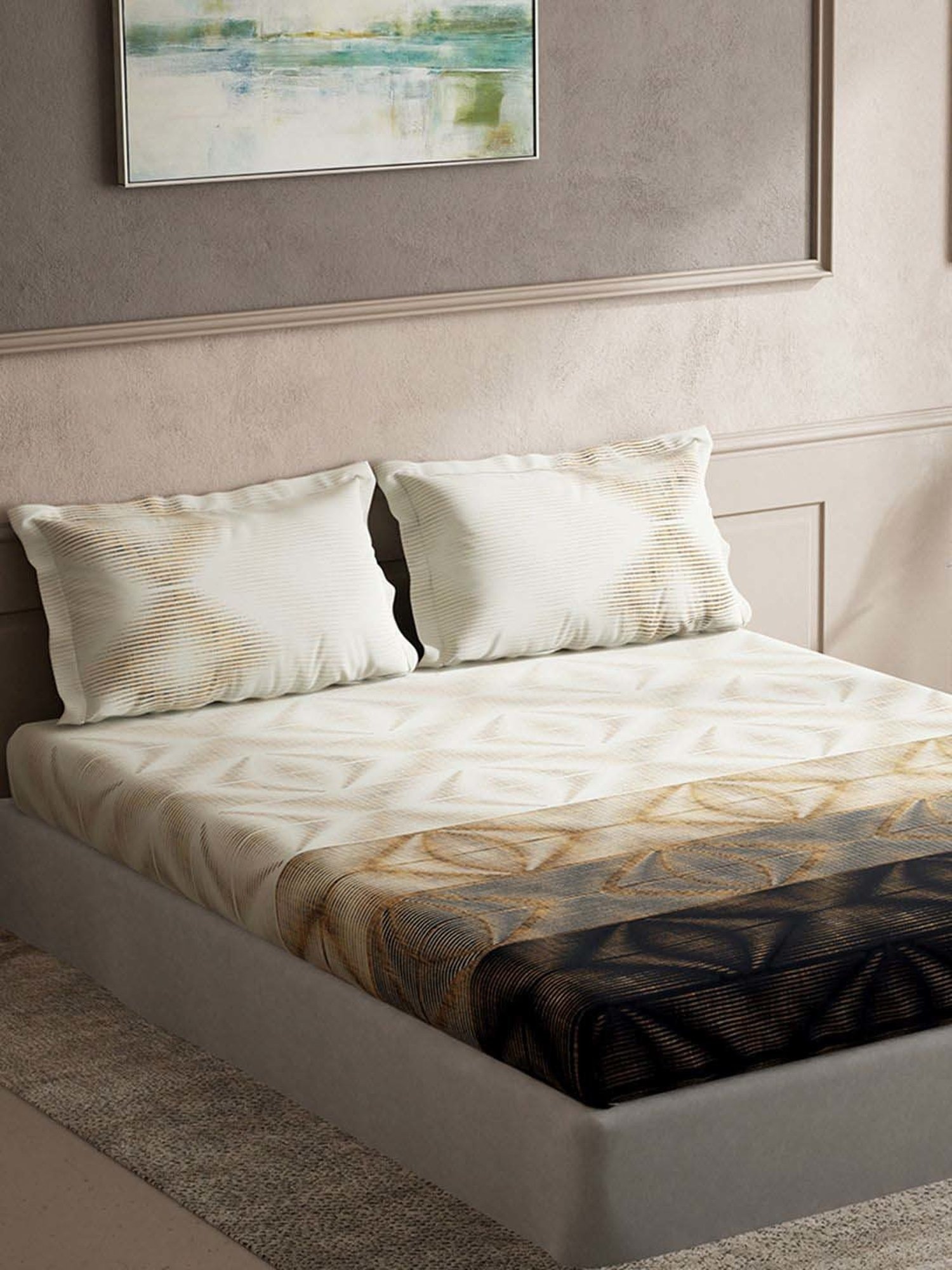 DDecor Brown & Grey Cotton 135 TC King Size Bedsheet With Pillow Covers