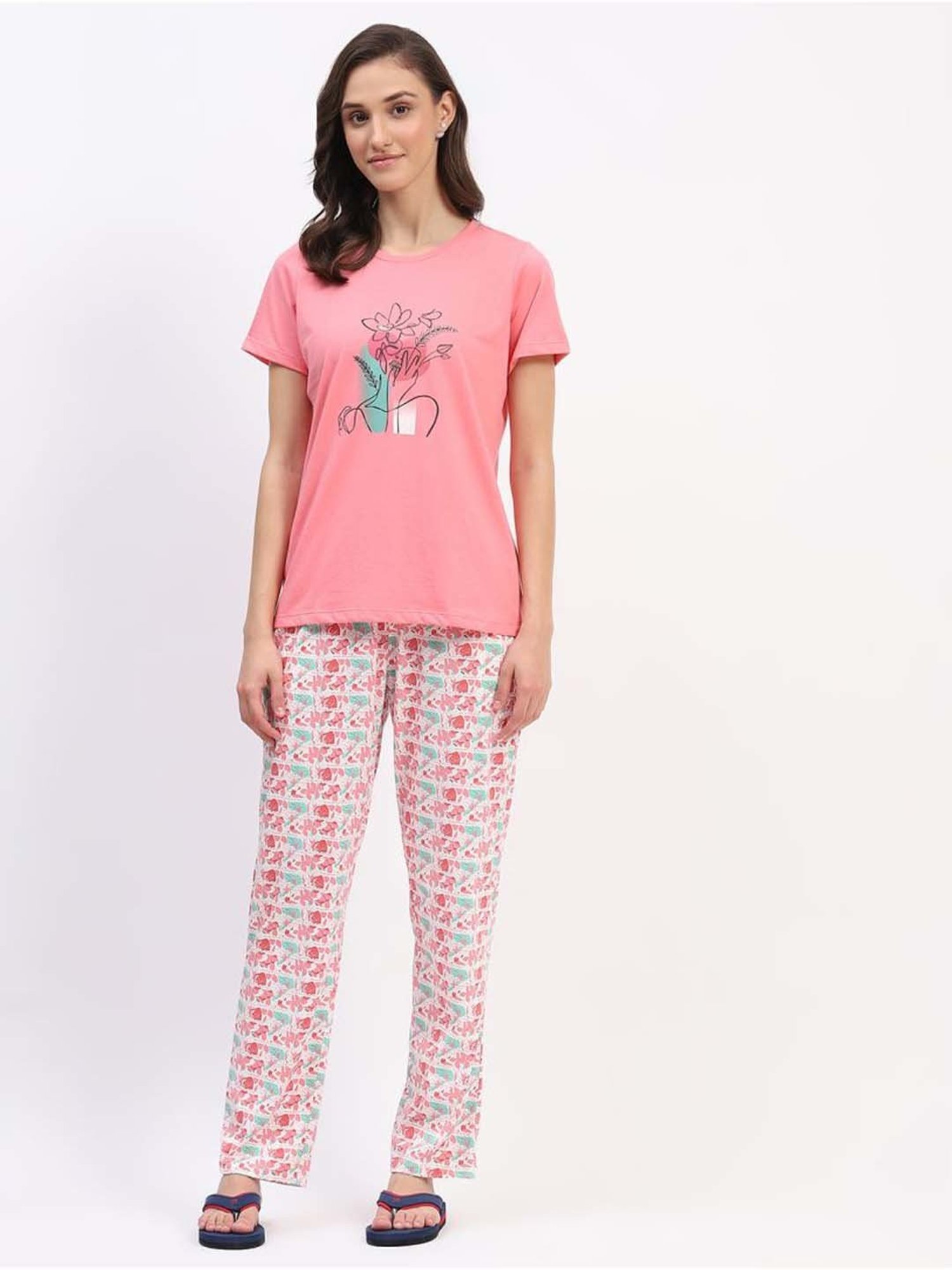 MADAME M Secret Pink Cotton Printed T-Shirt Pyjamas Set