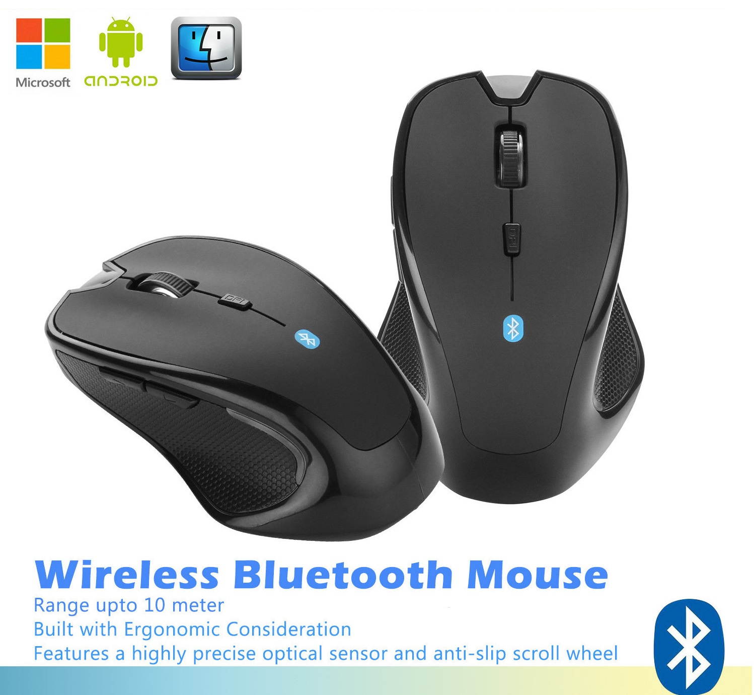 Bluetooth Wireless Mouse Optical Mice for PC Mac Android OS Tablets Black