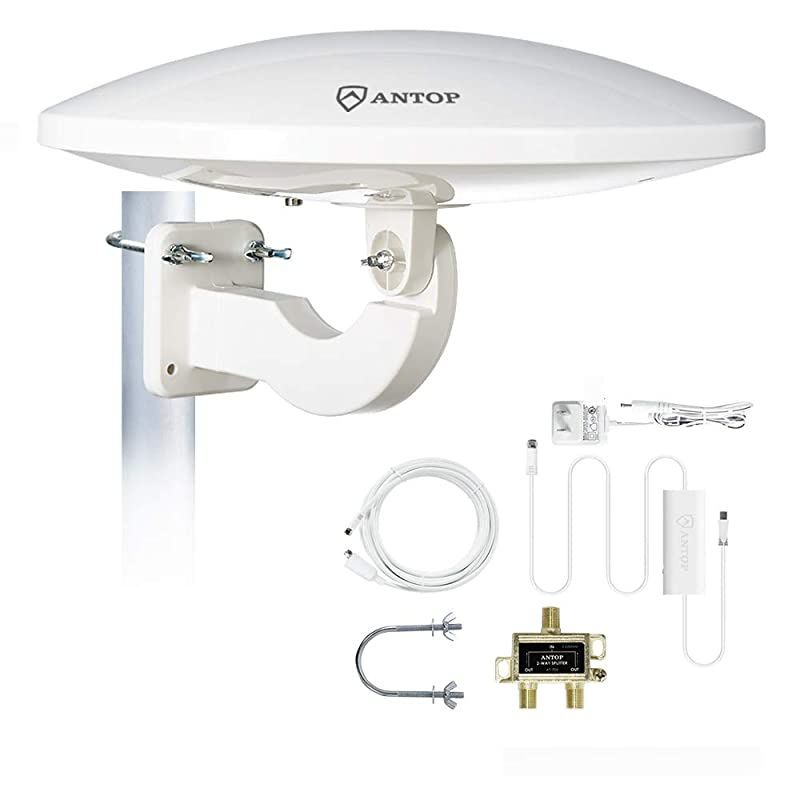TV Antenna for Multiple TVs ANTOP UFO Amplified RooftopAtticRVMarine HDTV Antenna 65 Miles Omni Directional Extremely High Reception with 33ft Coaxial Cable and Signal Splitter for 2 TVs