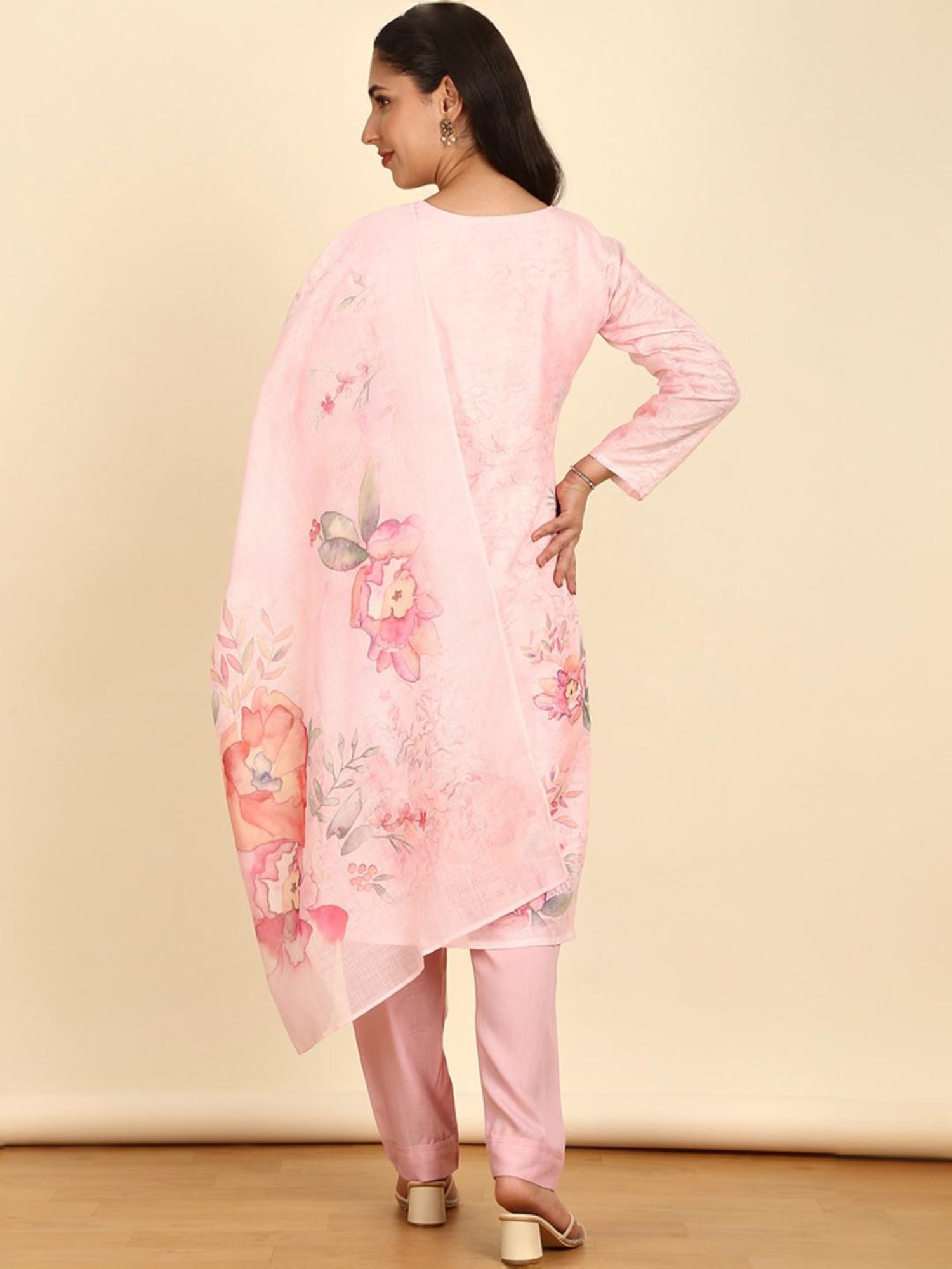 Soch Womens Pink Floral Print Linen Unstitch Dress Material With Beads And Stones