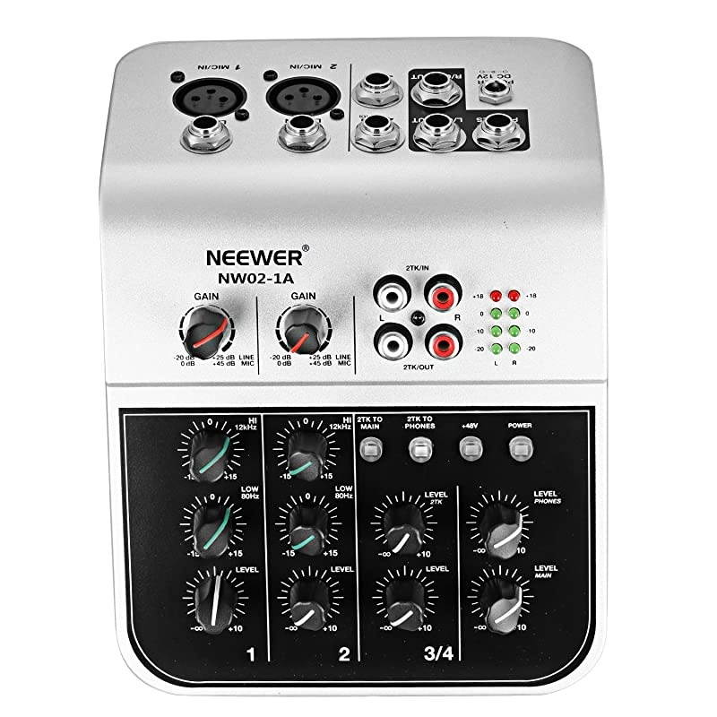 Mixing Console Compact Audio Sound 4Channel Mixer for Condenser Microphone with 48V Phantom Power 2 Band EQ 2way Stereo Line Input RCA InputOutput 4 Band LED Level Indicator NW021A