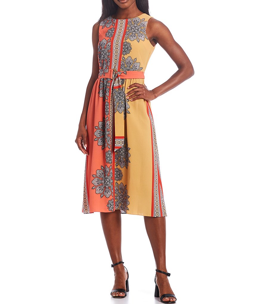 Maison Tara Printed Crepe Belted Round Neck Sleeveless D-Ring Belt A-Line Dress