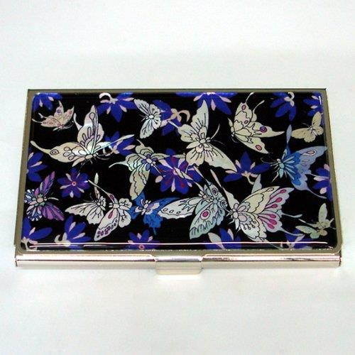 Antique Alive Mother of Pearl Blue Butterfly Metal Business Credit Name Id Card Holder Case Wallet (B115)
