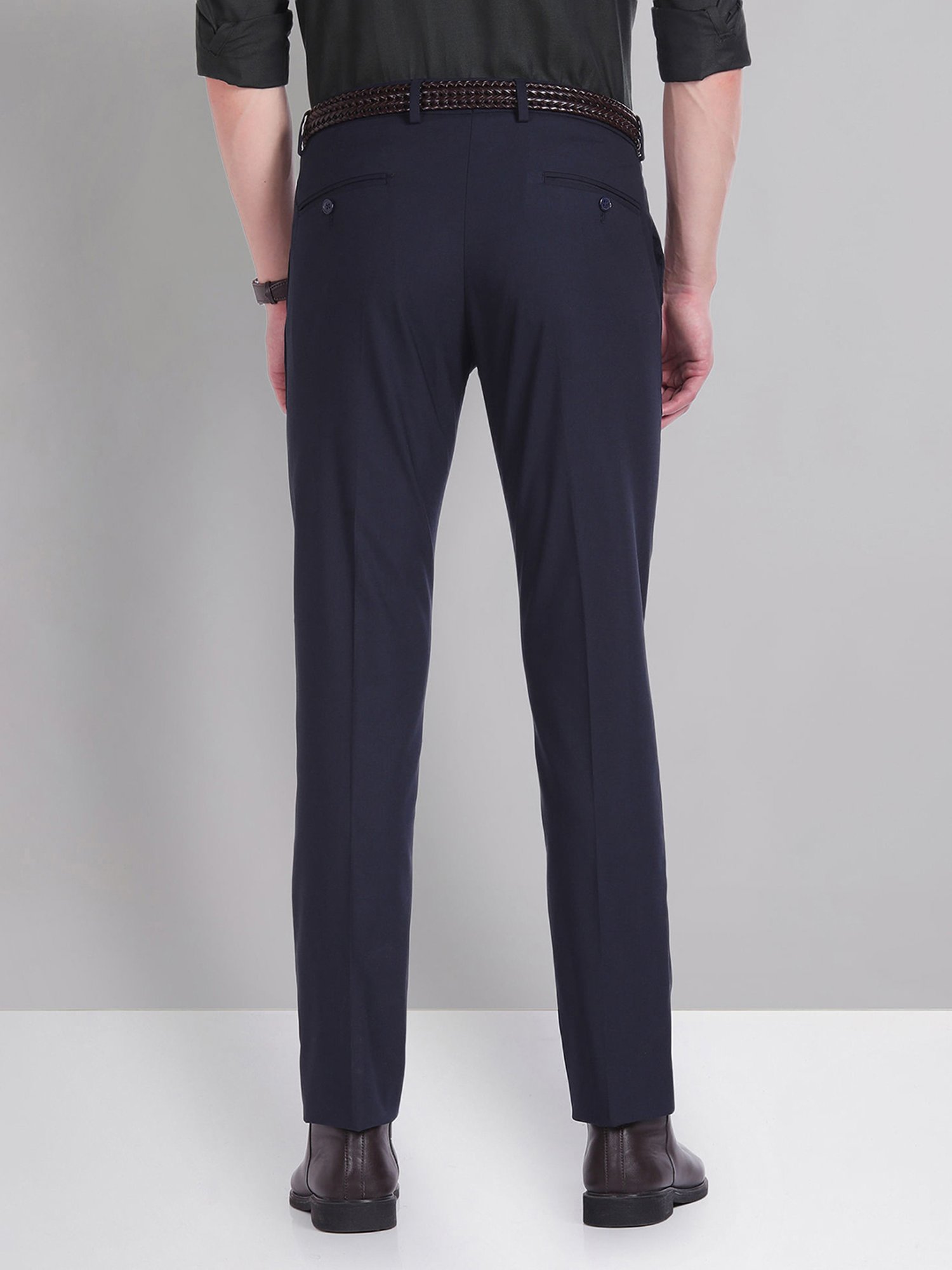 AD by Arvind Navy Slim Fit Flat Front Trousers