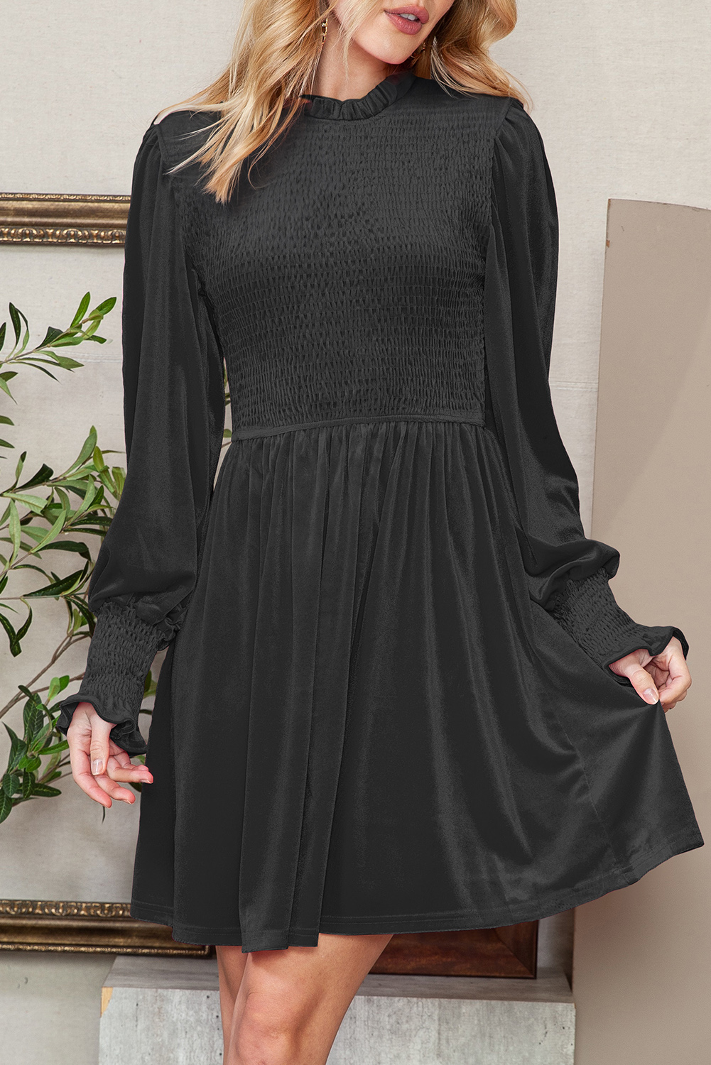 Black Smocked Lantern Sleeve Frilled Velvet Dress