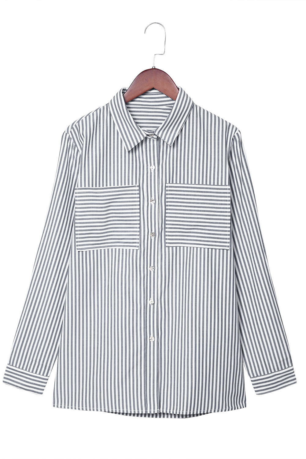 Blue Striped Chic Pockets Roll Up Sleeve Buttons Front Shirt