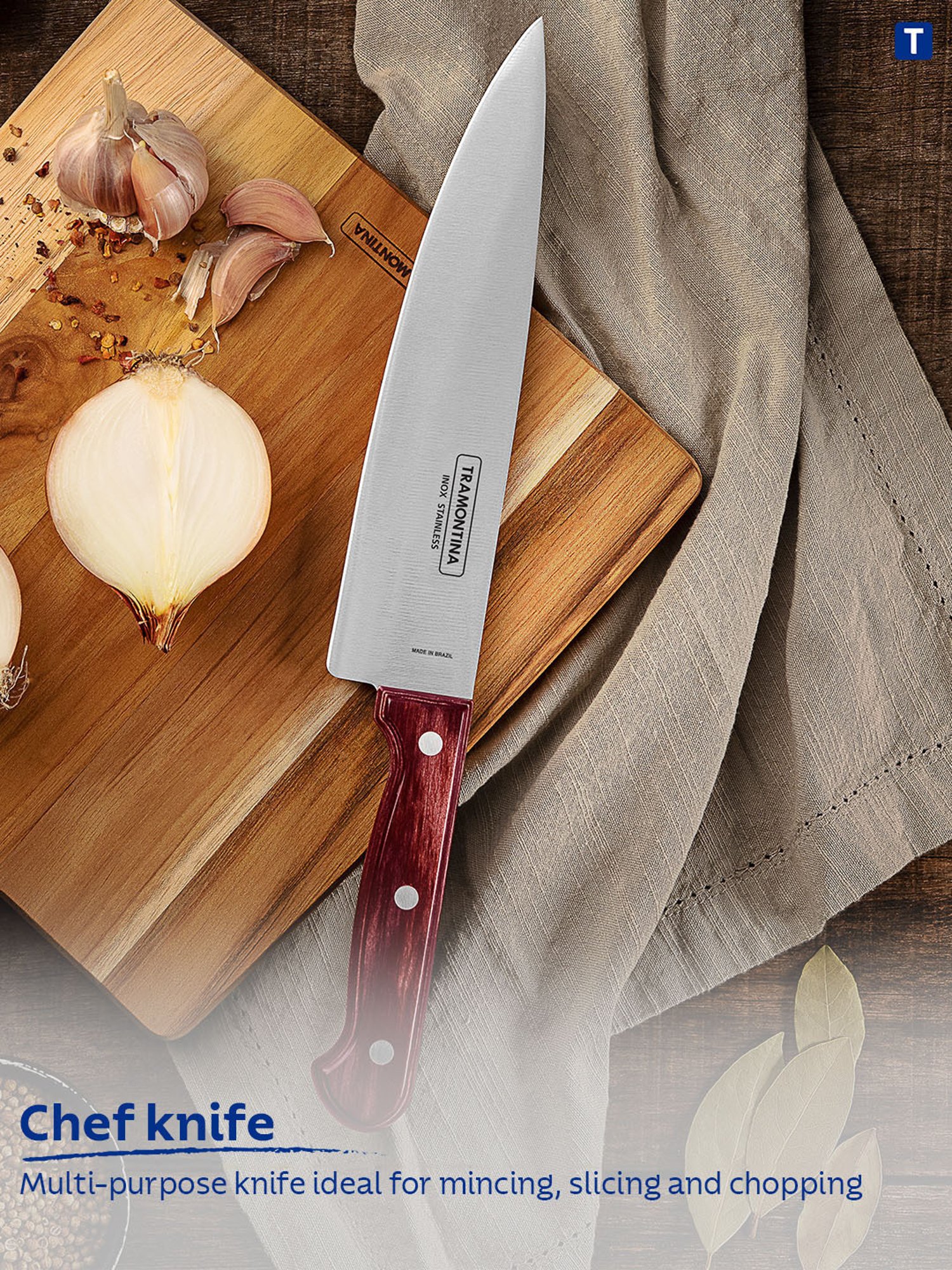 Tramontina Polywood Stainless Steel Chef Knife 6" Plain Edge Polywood Handle Kitchen Knife