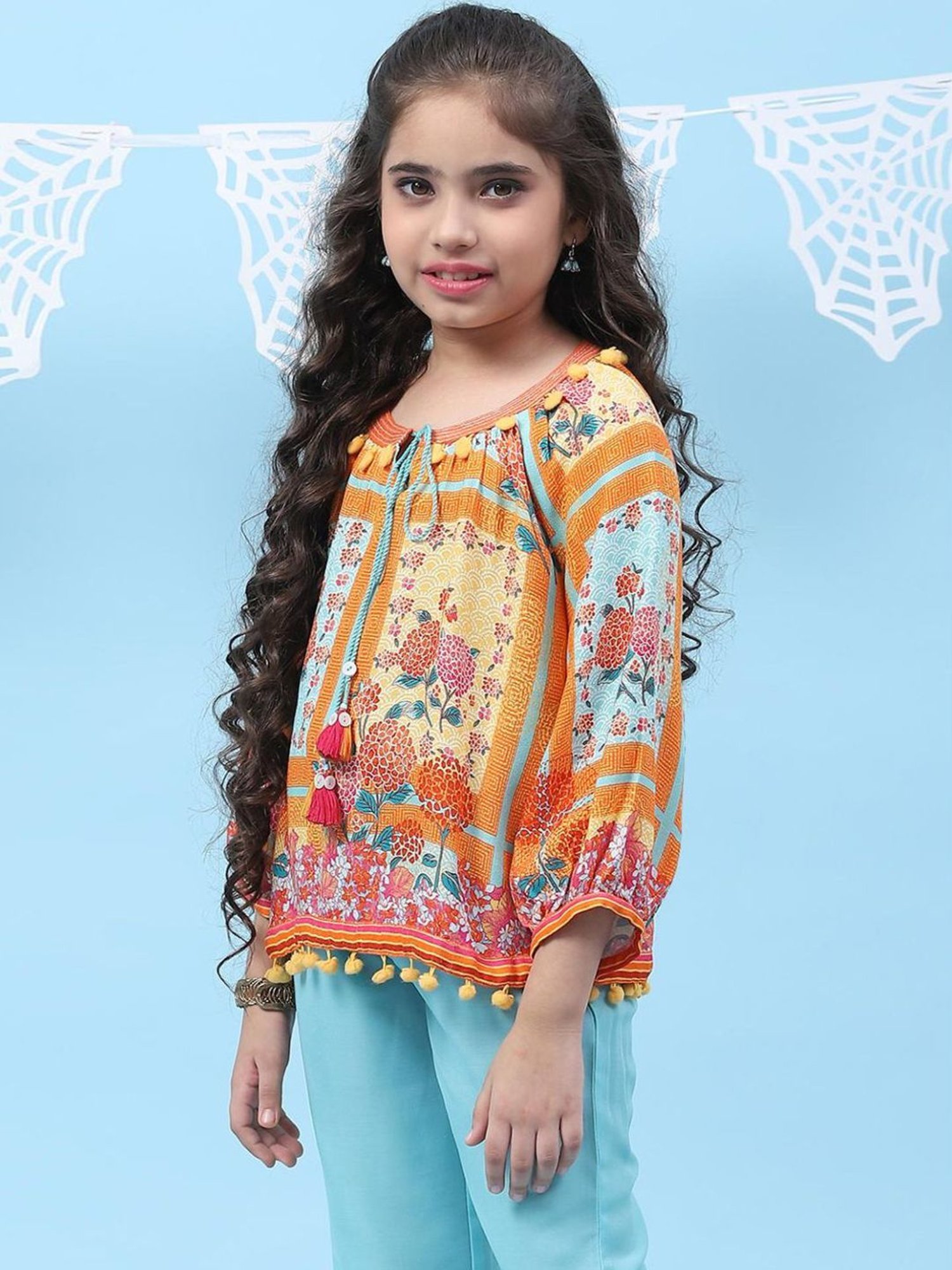 Biba Kids Orange & Sky Blue Printed Top