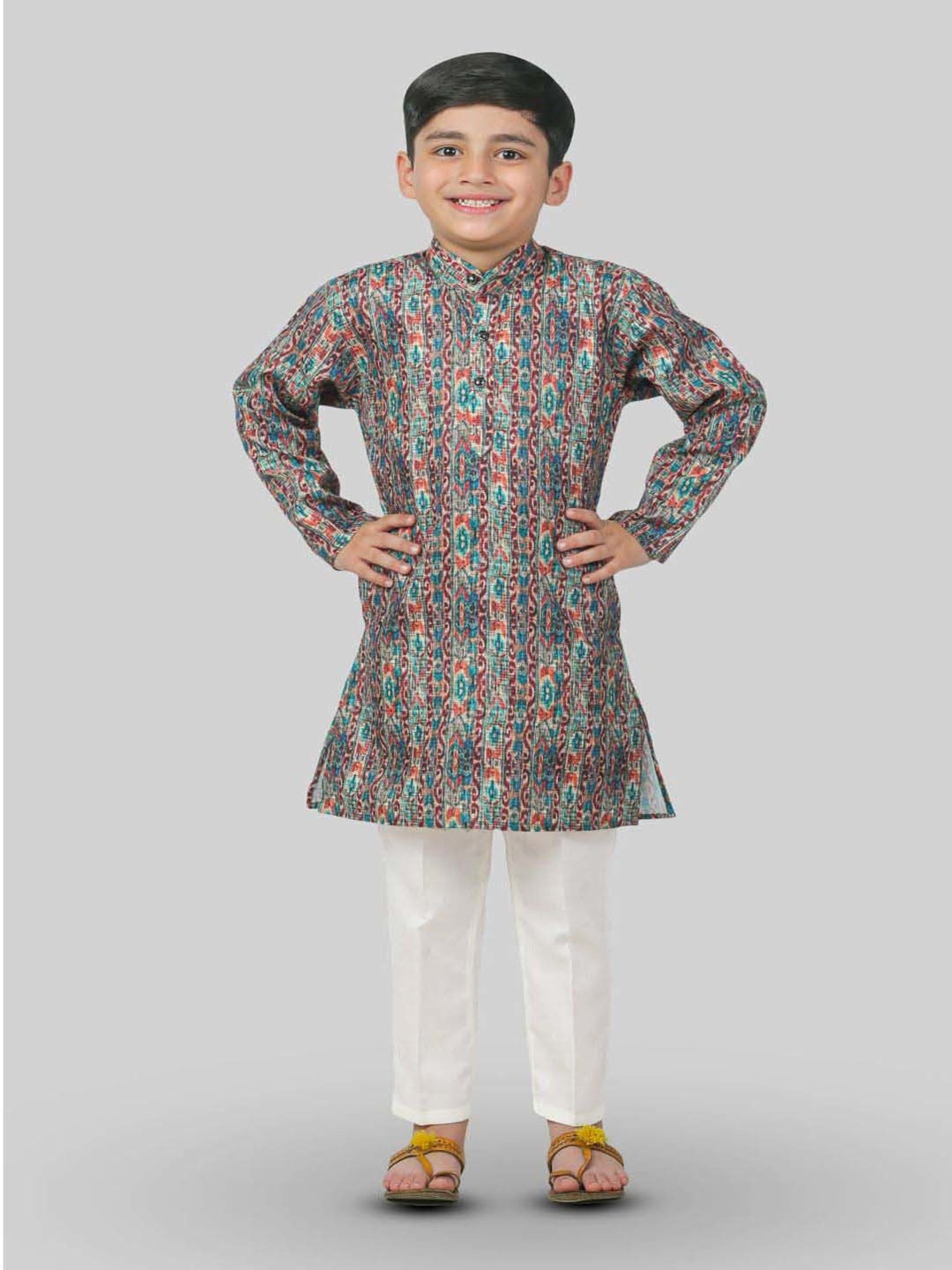 Ahhaaaa Kids Blue & White Cotton Handloom Full Sleeves Kurta Set