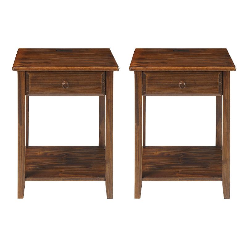 Casual Home Soild Sustainably Sourced Wood Night Owl Bedside Nightstand with 4 USB Charging Ports, Top Drawer and Lower Shelf, Warm Brown (2 Pack)
