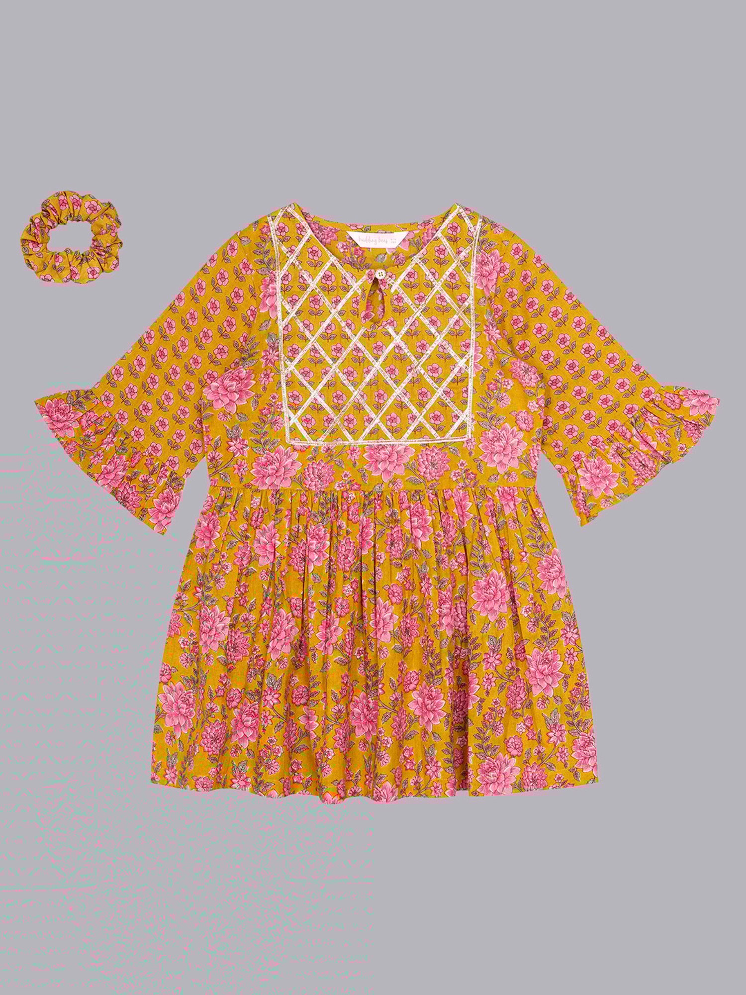 Budding Bees Girls Mustard & Pink Floral Print Top, Sharara & Scrunchies