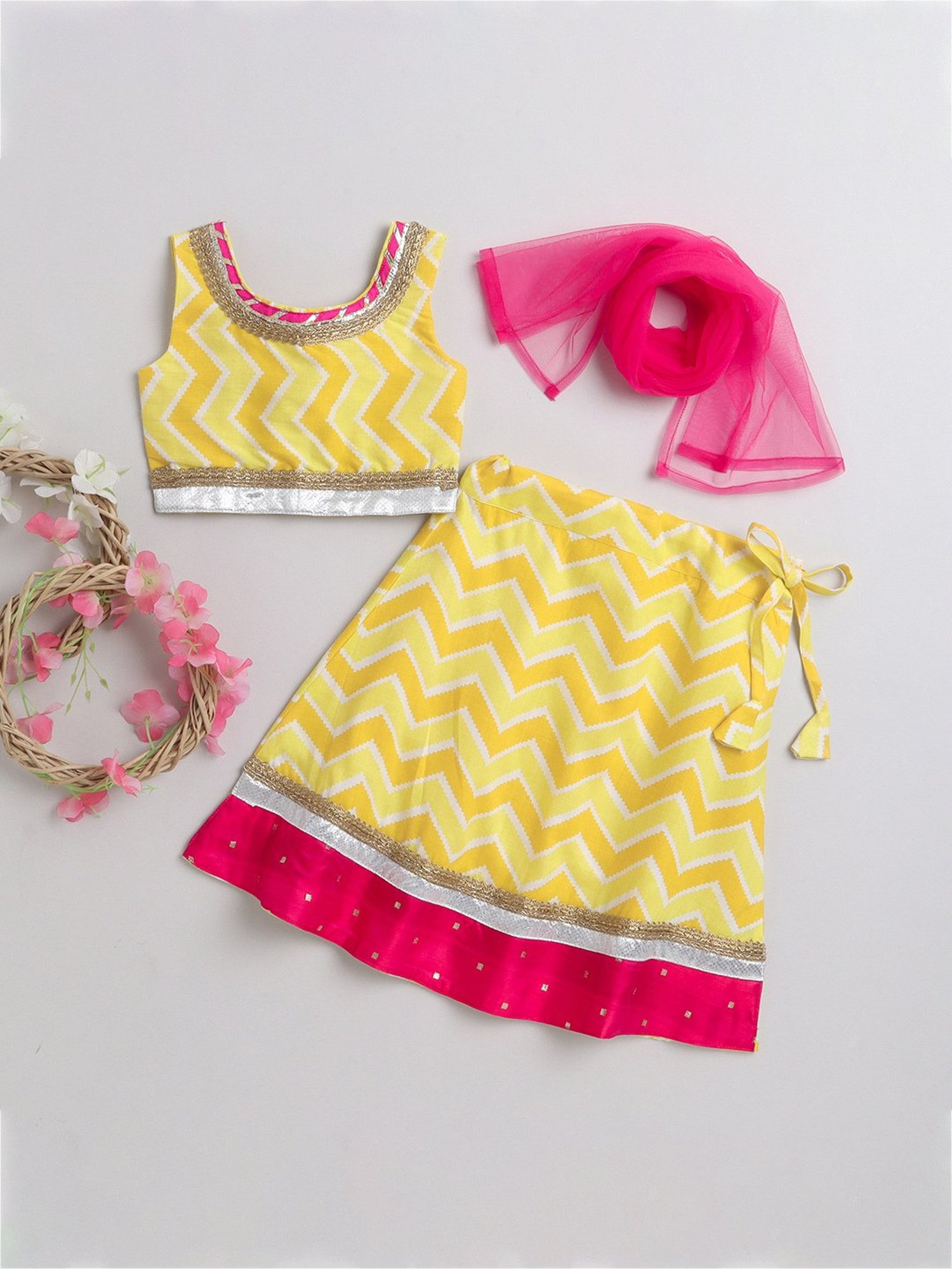 Many Frocks Kids Yellow & Pink Embellished Lehenga, Choli with Dupatta